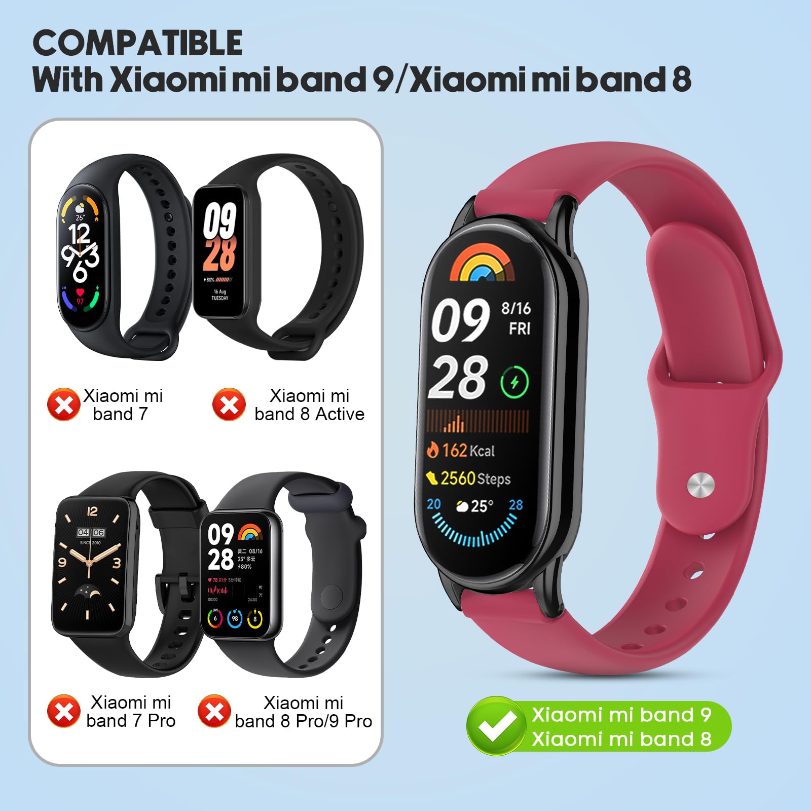 KOMI Ersatzarmband Für Xiaomi Mi Band 8/9 – Weiches Silikon, Verstellbar, Mehrere Farben