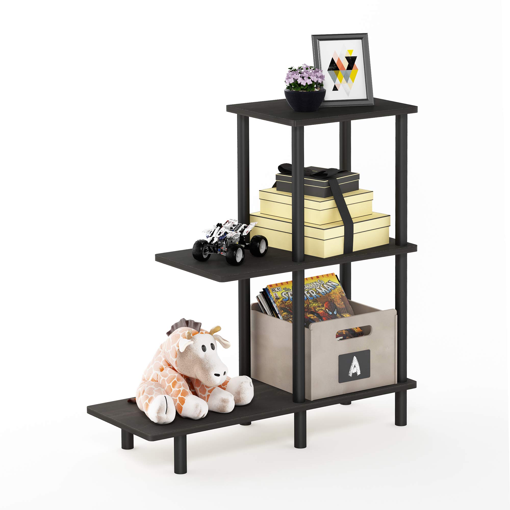 Furinno TURN-N-TUBE Side Table, 3-Tier Tall L-Shape End Table with Open Shelf, Tall Toolless Night Stand, Bedside Table, for Living Room, Bedroom, Espresso