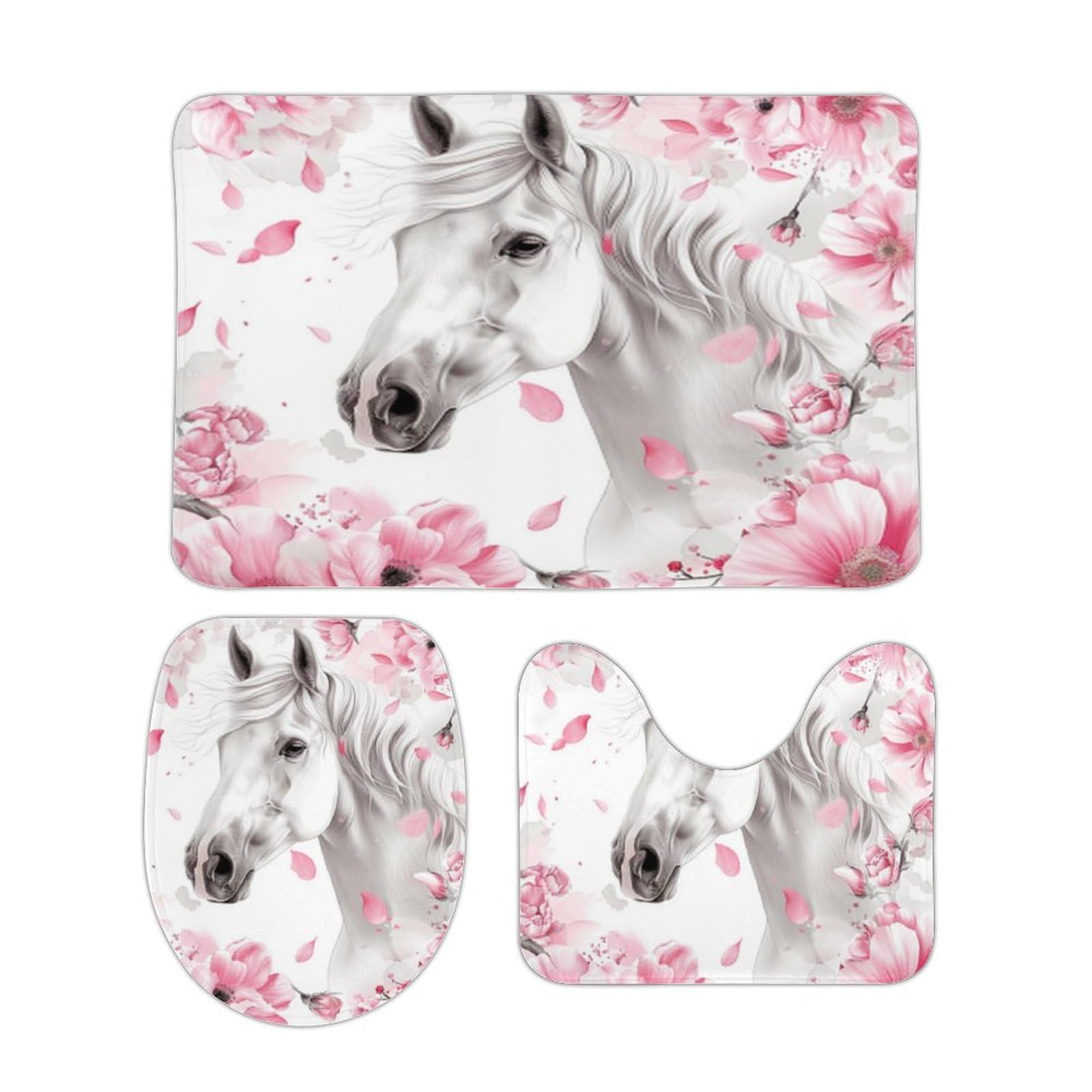 Tapis de bain cheval lot de 3 avec contour WC et housse lavable