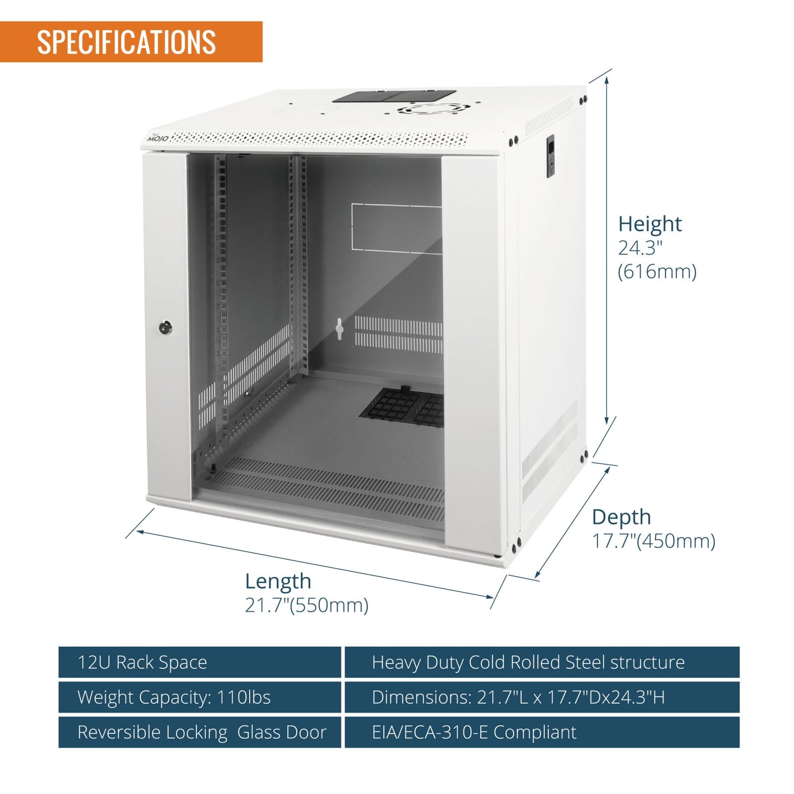 Tecmojo 12U 450 mm Tiefe Wandhalterung Serverschrank IT Netzwerk Rack Gehäuse abschließbare Tür und Seitenwände weiß, Standard-Glastür, für 19 Zoll IT-Geräte, A/V-Geräte, Weiß, flach verpackt