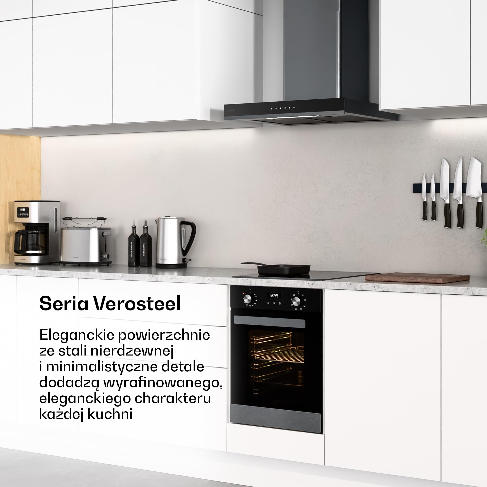 Klarstein Verosteel piekarnik do zabudowy 45 cm - 49L, 8 trybów pracy, efektywność energetyczna A, stal nierdzewna i szkło czarne, timer, podwójne szklenie, piekarnik do zabudowy bez płyty grzewczej
