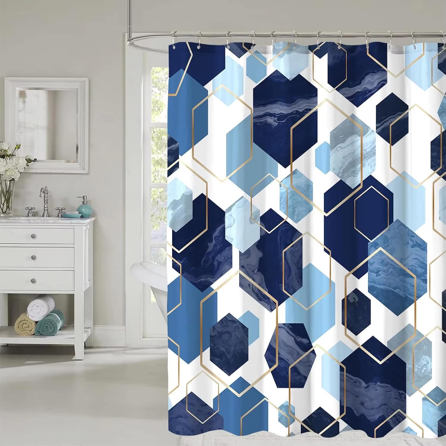KELAIMI Marble Geometric Shower Curtain,Gold Hexagon Bathroom Curtain with Hooks,Modern Luxury Washable Quick-Drying Fabric Bathtub Curtains Blue 200X200Cm
