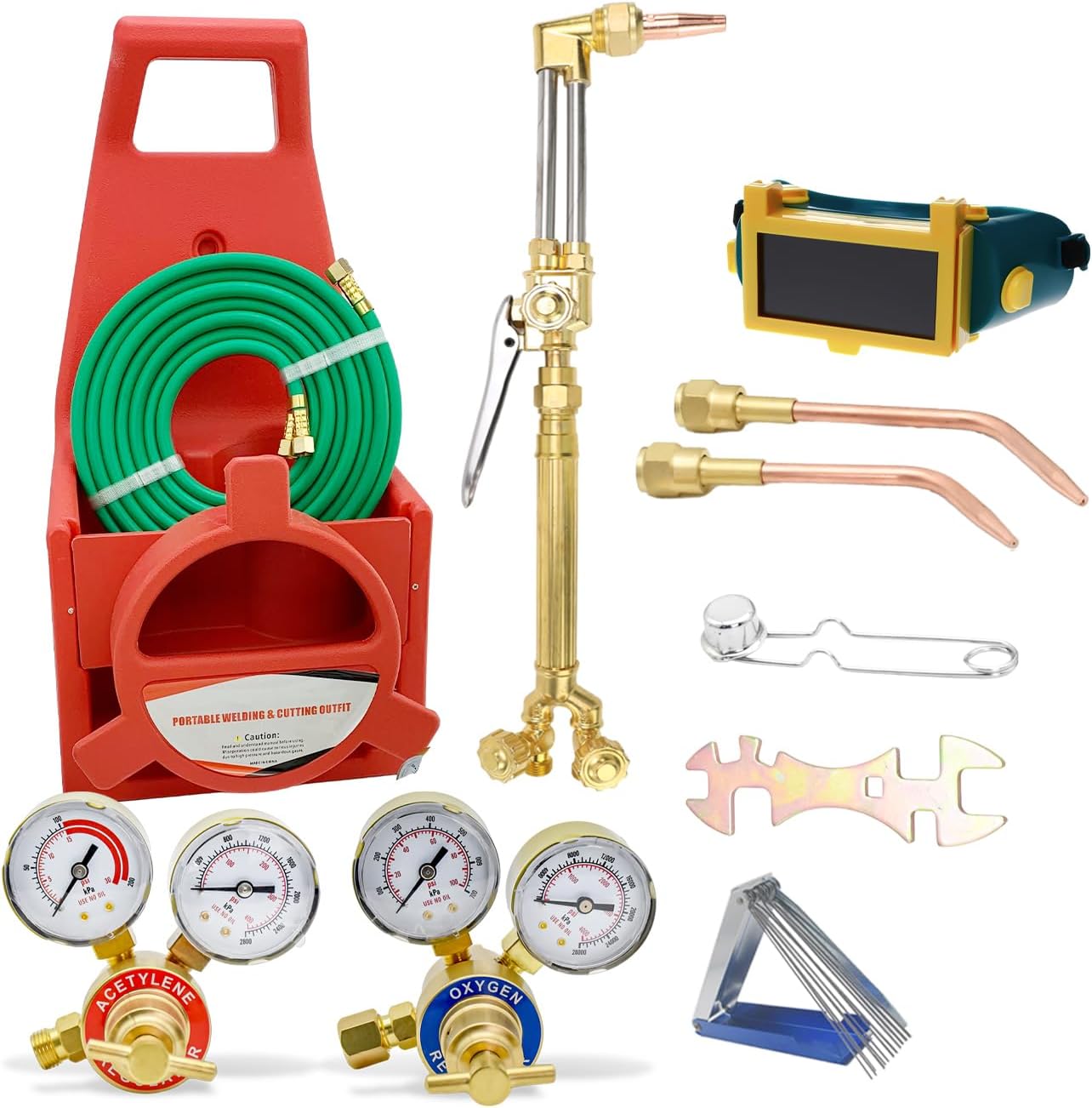 Oxy Acetylene Torch Kit, Portable Brazing Hvac Torch Kit Gas Welding Outfit Tote Kit Brazing Torch Kit with Cutting Torch Gas Regulators 50ft Gas Welding Hose and Welding Goggles