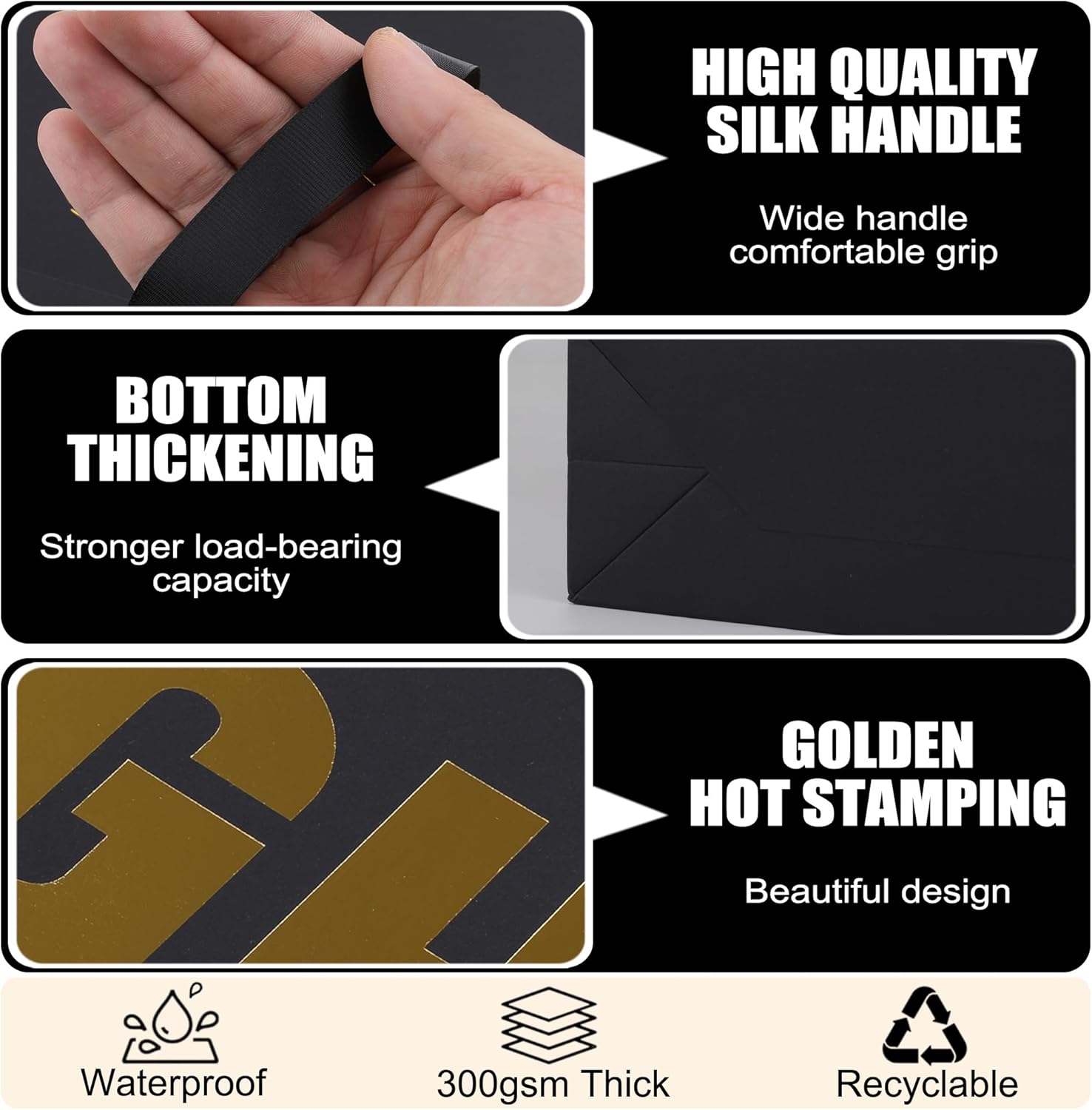 OEMVALATY 5 Senses Gift Bags for Him Her Five Senses Gift Bags with Ribbon Handles and Tissue Paper Present Wrappings for Valentine Wedding Anniversary Birthday Christmas(Black, 12.6''x8.8''x4'') - Image 5