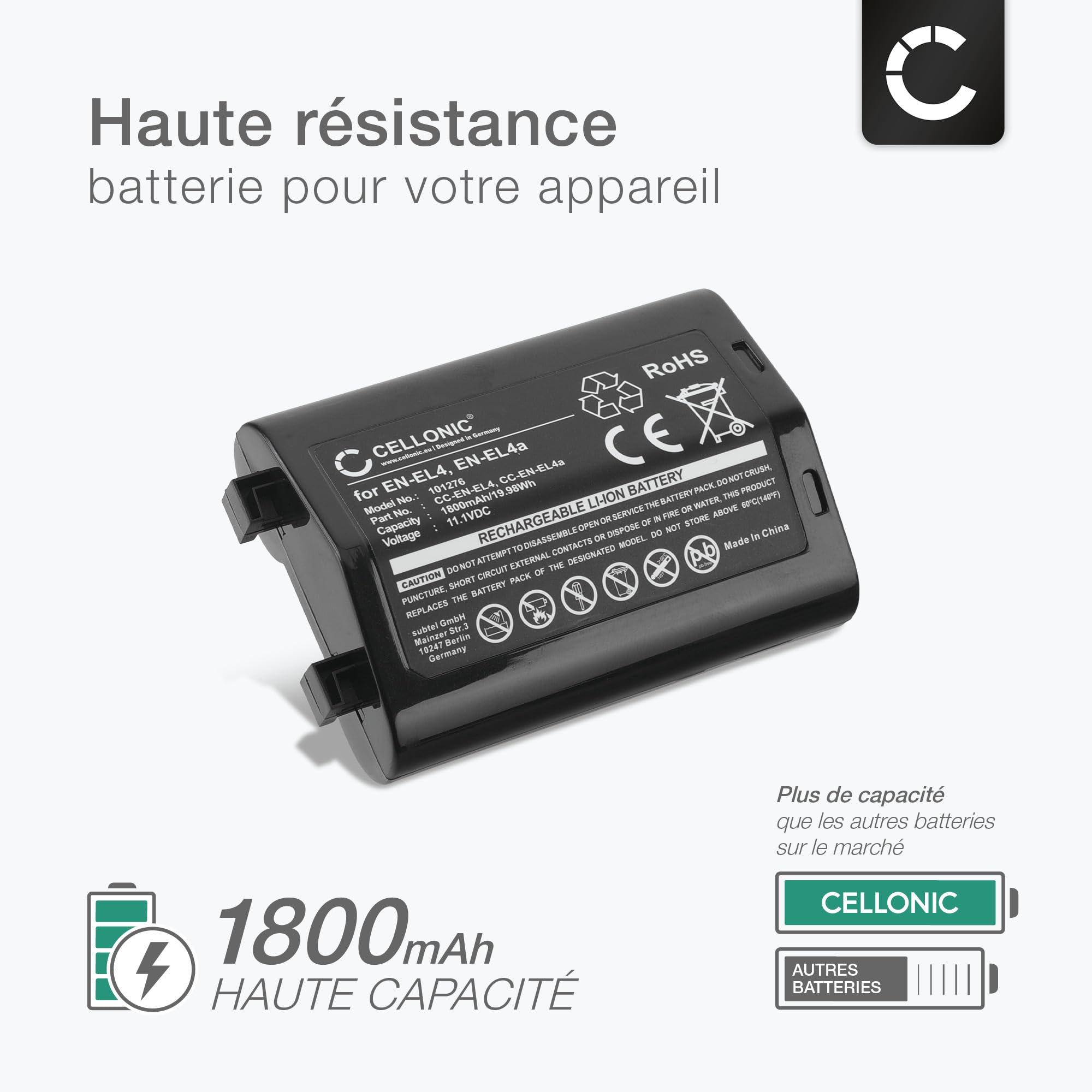 CELLONIC, Batterie pour Caméra, Compatible avec Nikon D3, EN-EL4a, D3s, en-EL4, D2X, D3X, F6 (11.1V, 1800mAh)