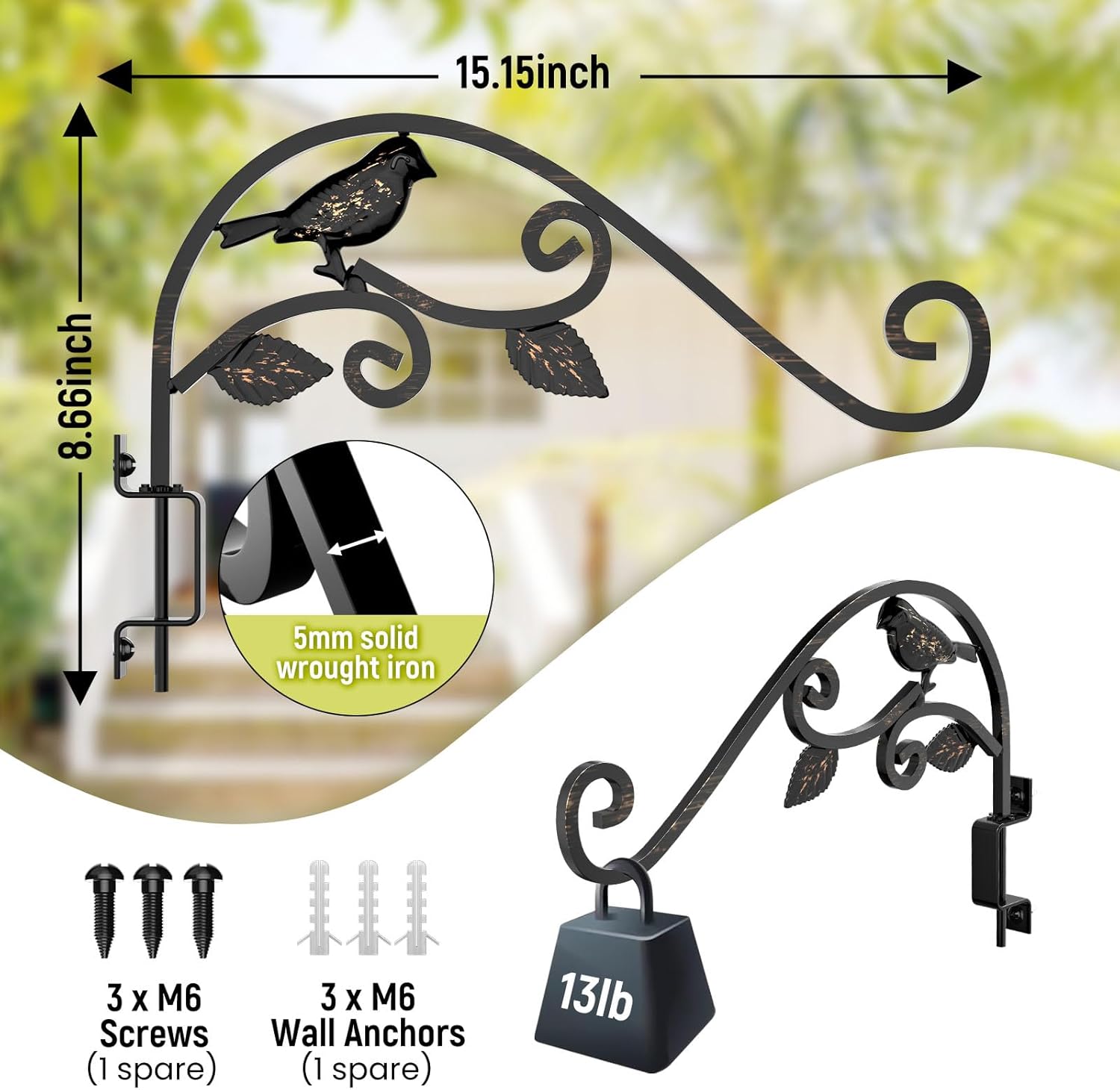 2 Pack Plant Hangers Outdoor 15.15 inch Swivel Plant Wall Hanger Sturdy Wrought Iron Plant Hangers Indoor Wall Mount, Hanging Plant Bracket for Bird Feeders, Planters, Lanterns, Wind Chime