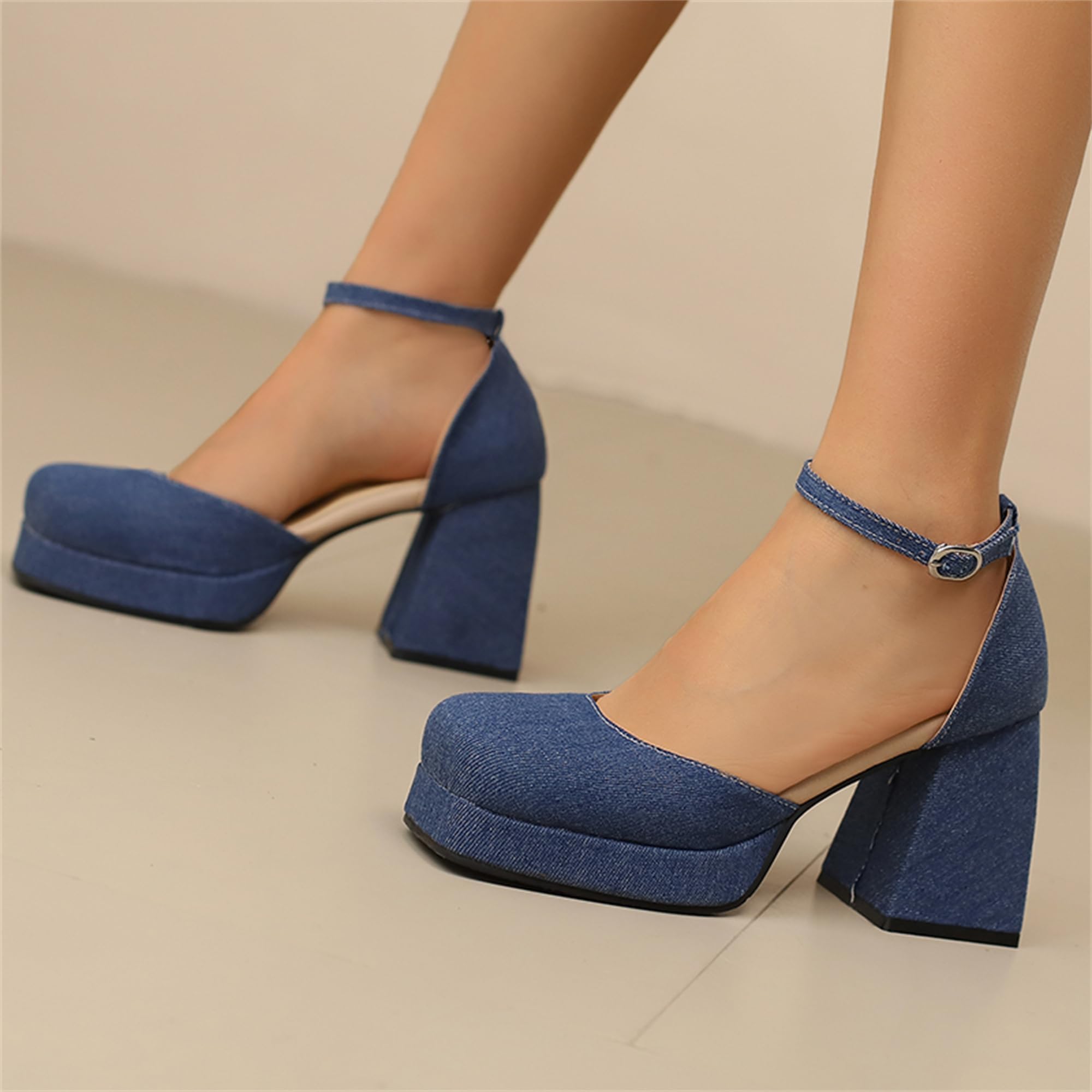 Zapatos Mary Jane sexys con Punta Cuadrada Cerrada y Tiras en Tobillo para Mujer,Tacones Bloque con Plataforma sexys,Sandalias tacón Elegantes para Fiesta