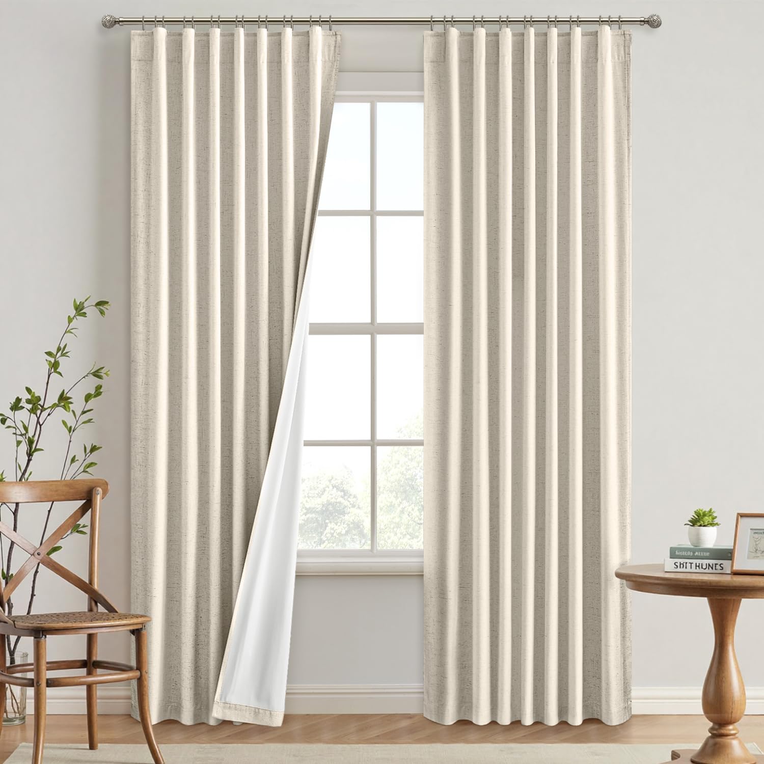 EMEMA Cream Beige Linen Blackout Curtains 90 inch Long 2 Panels Set for Bedroom Back Tab Thermal Insulated 100% Black Out Drapes Pinch Pleated Hooks