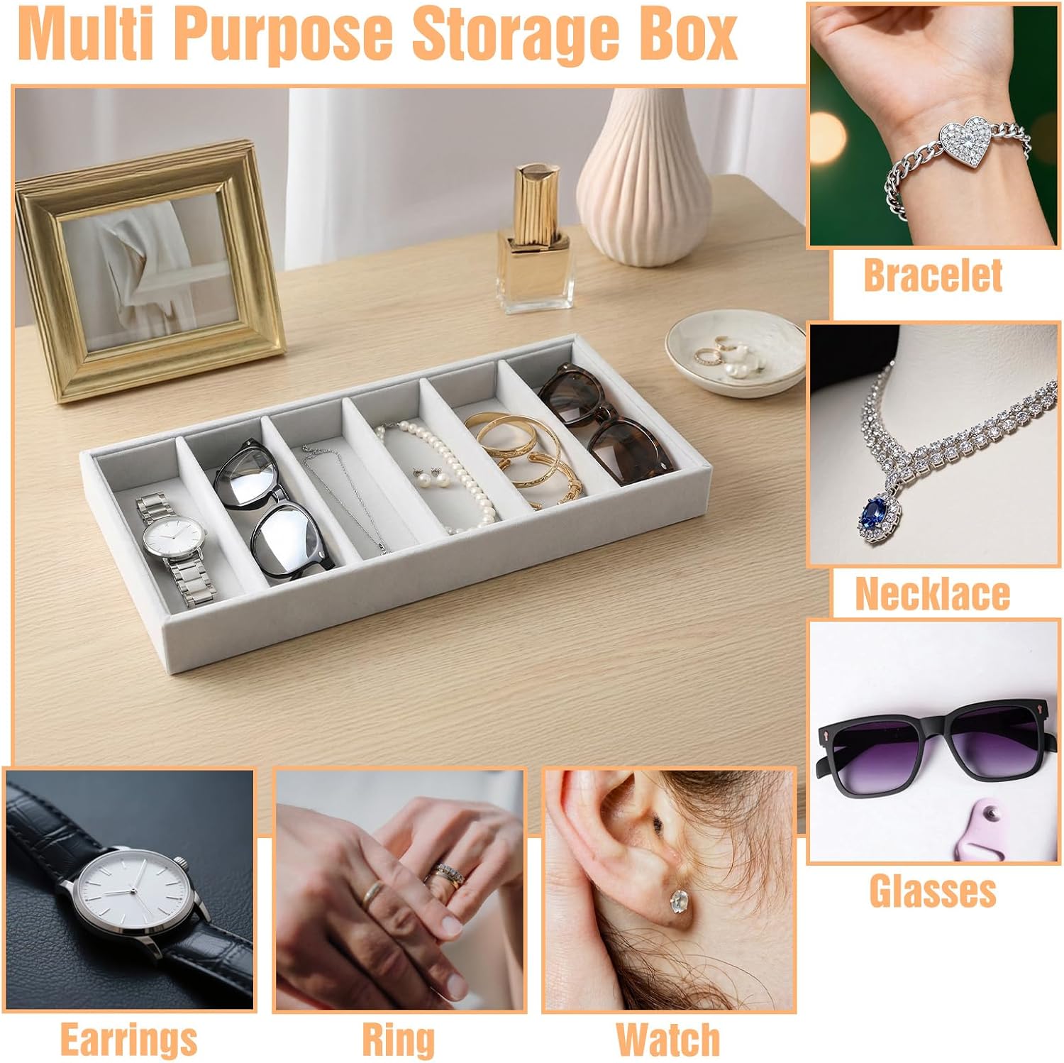 4 PCS Velvet Sunglasses Organizer Tray, 6 Grids Velvet Sunglasses Tray Stackable Storage Organizer Removable Board for Eyeglasses, Jewelry, Watch Organization and Display-Beige