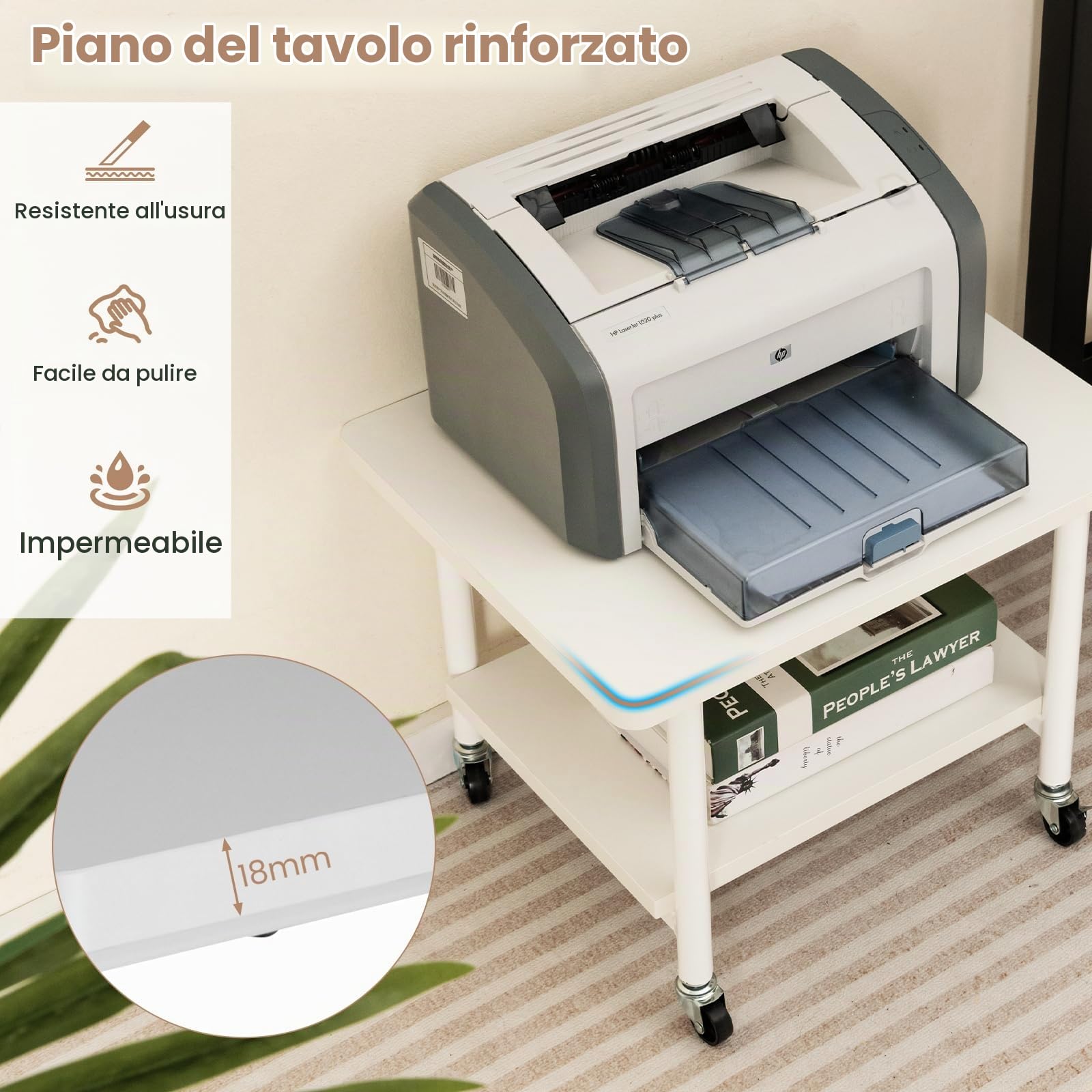 HOMASIS Supporto per Stampante da Ufficio a 2 Ripiani, Mobile Stampante con 4 Ruote con Freni, Carrello Organizzatore per Camera, Soggiorno, Ufficio (Bianco)