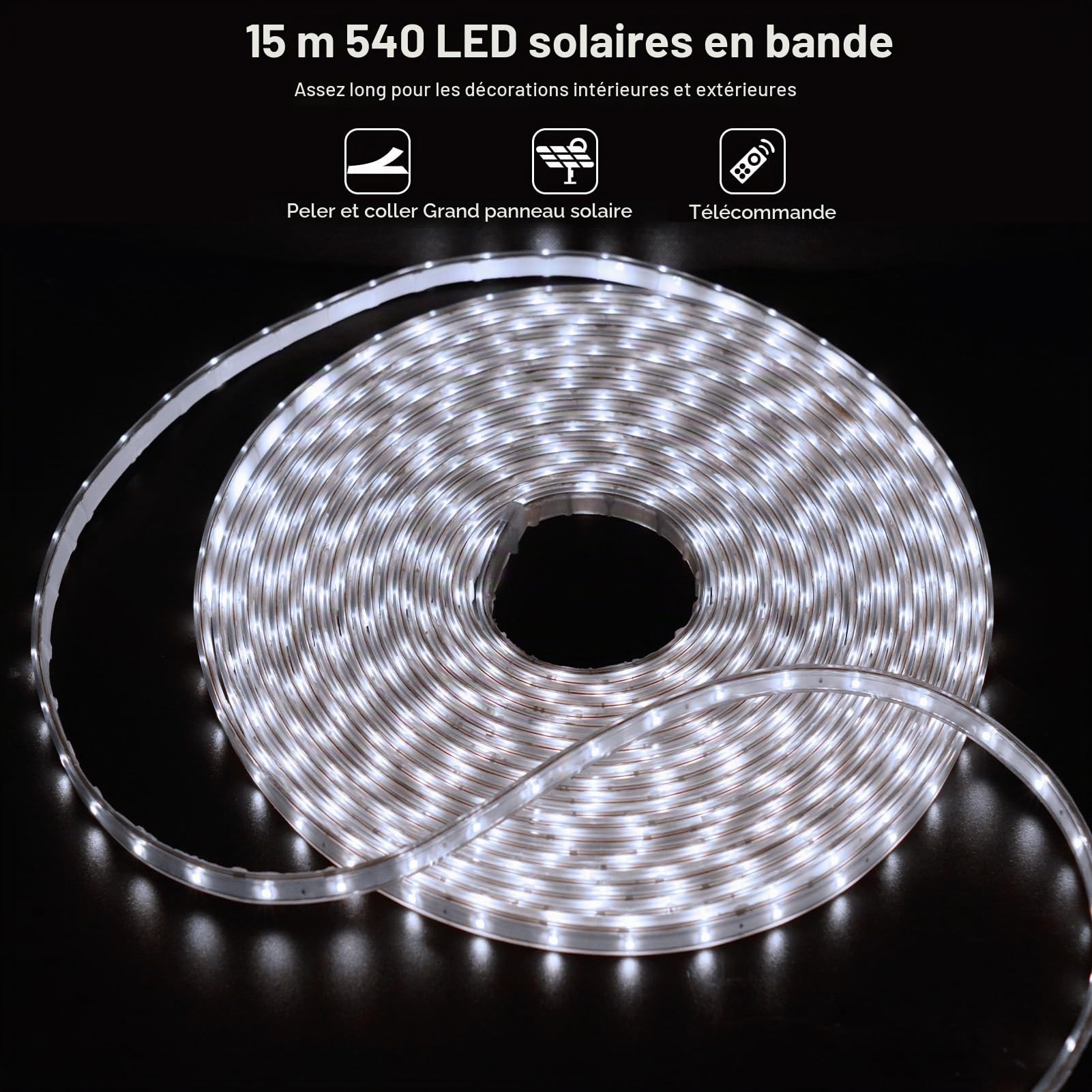 DBFAIRY 15M Ruban LED Solaire Extérieur, 540 LEDs Bande LED IP68 Étanche, Bande LED solaire avec Télécommande, Minuterie, pour Jardin, Terrasse, Balcon (Blanc)