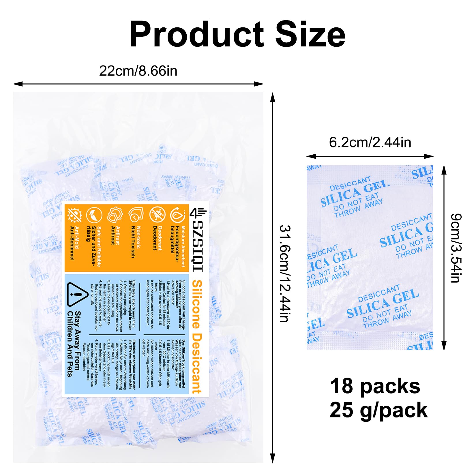 18 Pcs Bolsas de Gel de Sílice, 25g Bolsas Desecantes Absorbente de humedad, Bolsitas de Gel de Sílice, Sobres Desecantes para Ropa Cajones Zapatos Armarios Deshumidificadores