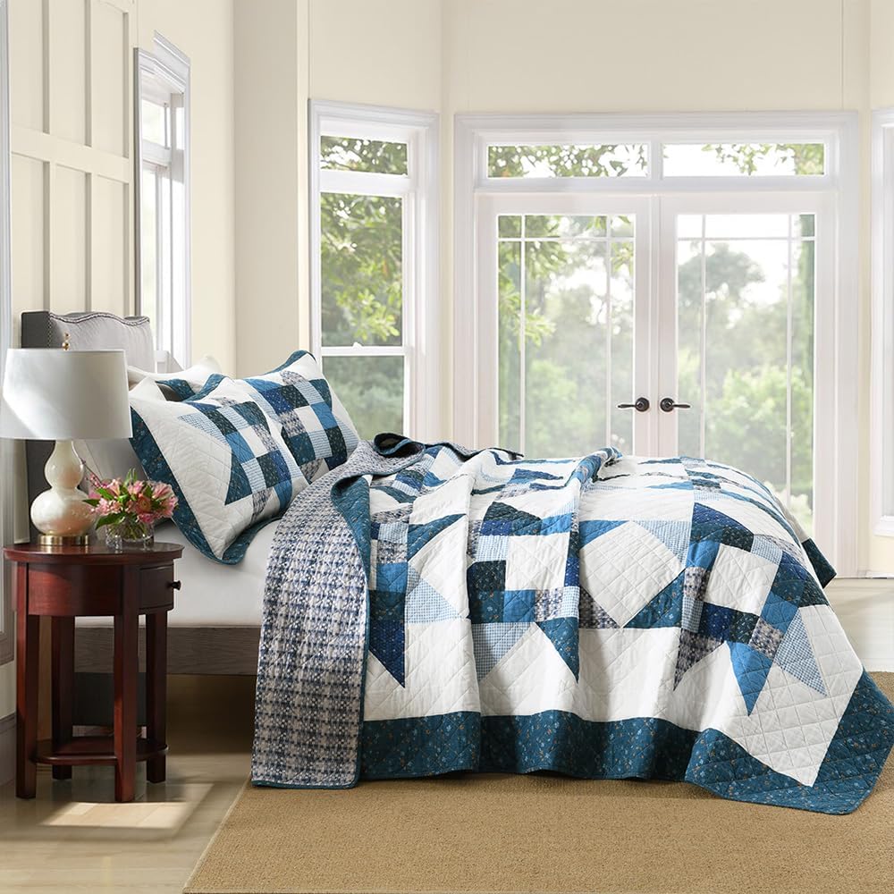 Cotton Quilt Bedding Sets 3 Pieces Soft Reversible Coverlets Luxury Star Real Patchwork Bedspread, Blue White, Queen Size - Image 2