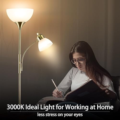 Miniatura 7 de Lámpara de pie, lámpara de pie regulable, brillo de atenuación continua, incluye bombillas LED de 9 W y 5 W, lámpara de pie industrial para sala de