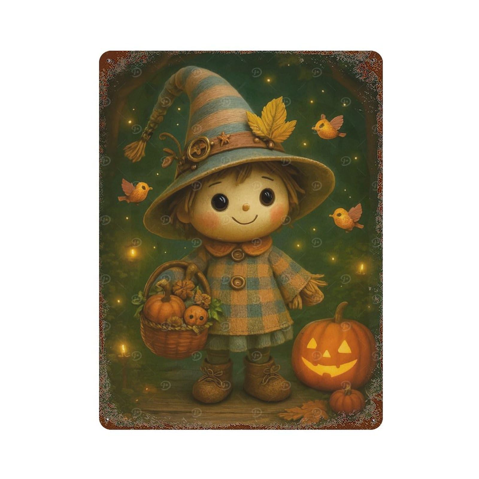 Autumn Witch Doll Pumpkins Vintage Rust Metal Sign 15.7"x11.8", Farmhouse Wall Decor for Garage, Pub Or Kitchen