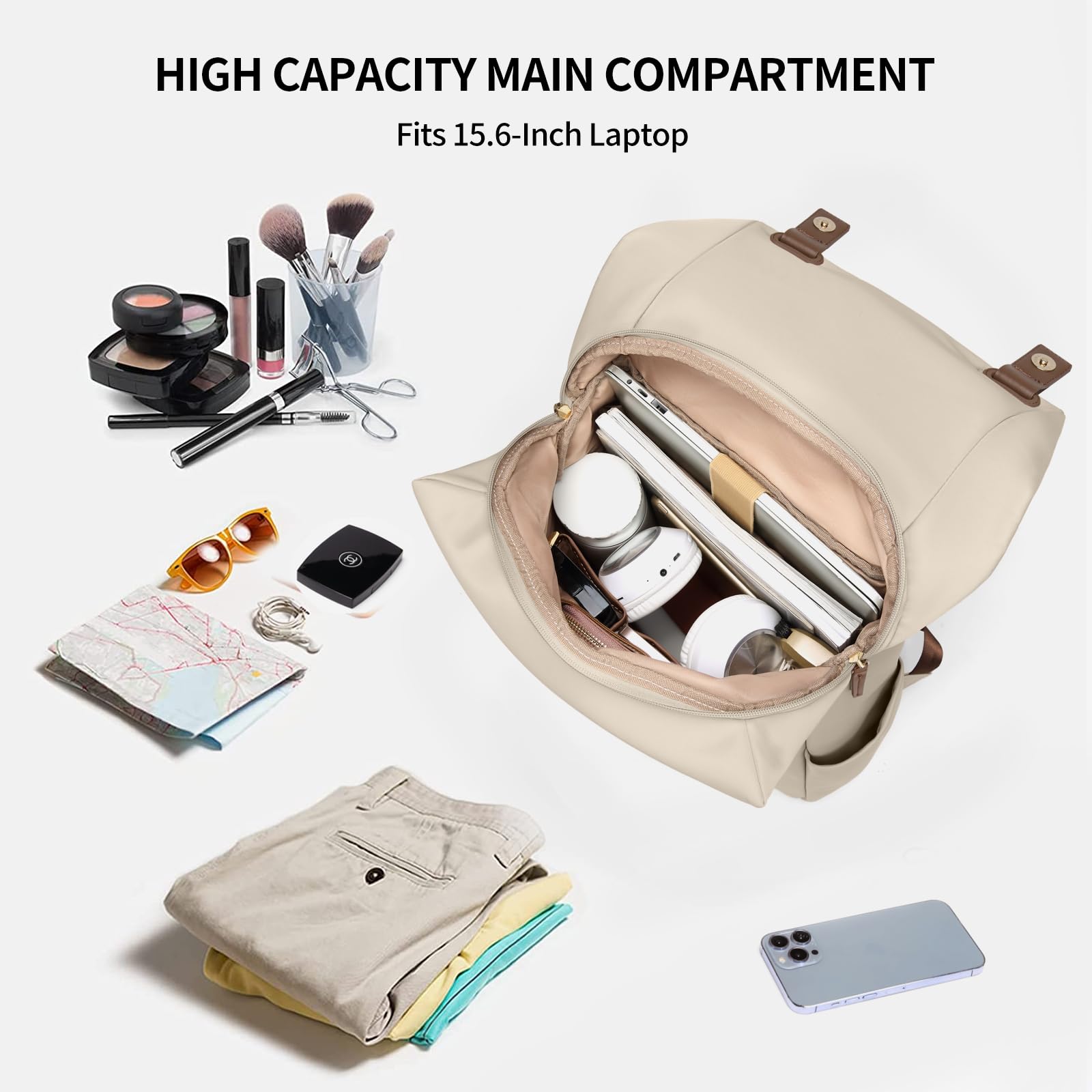 Sac à Dos Femme Ordinateur 15.6 Pouces Antivol - Backpack Loisir pour Voyage, École, Travail - Abricot