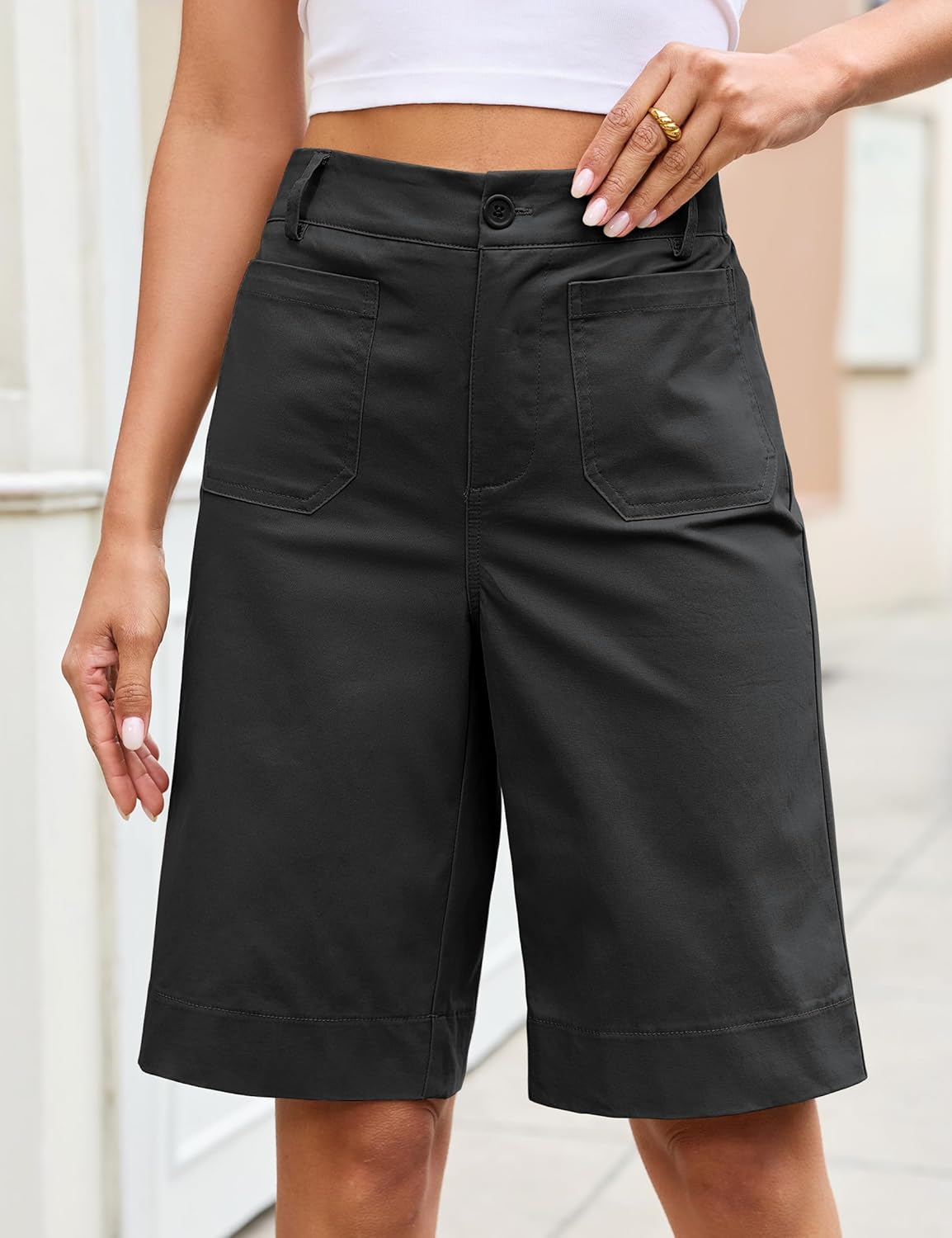 luvamia Bermuda Shorts for Women Knee Length High Waisted Dressy Casual Patch Pocket Chino Elastic Waist Long Shorts - Image 6