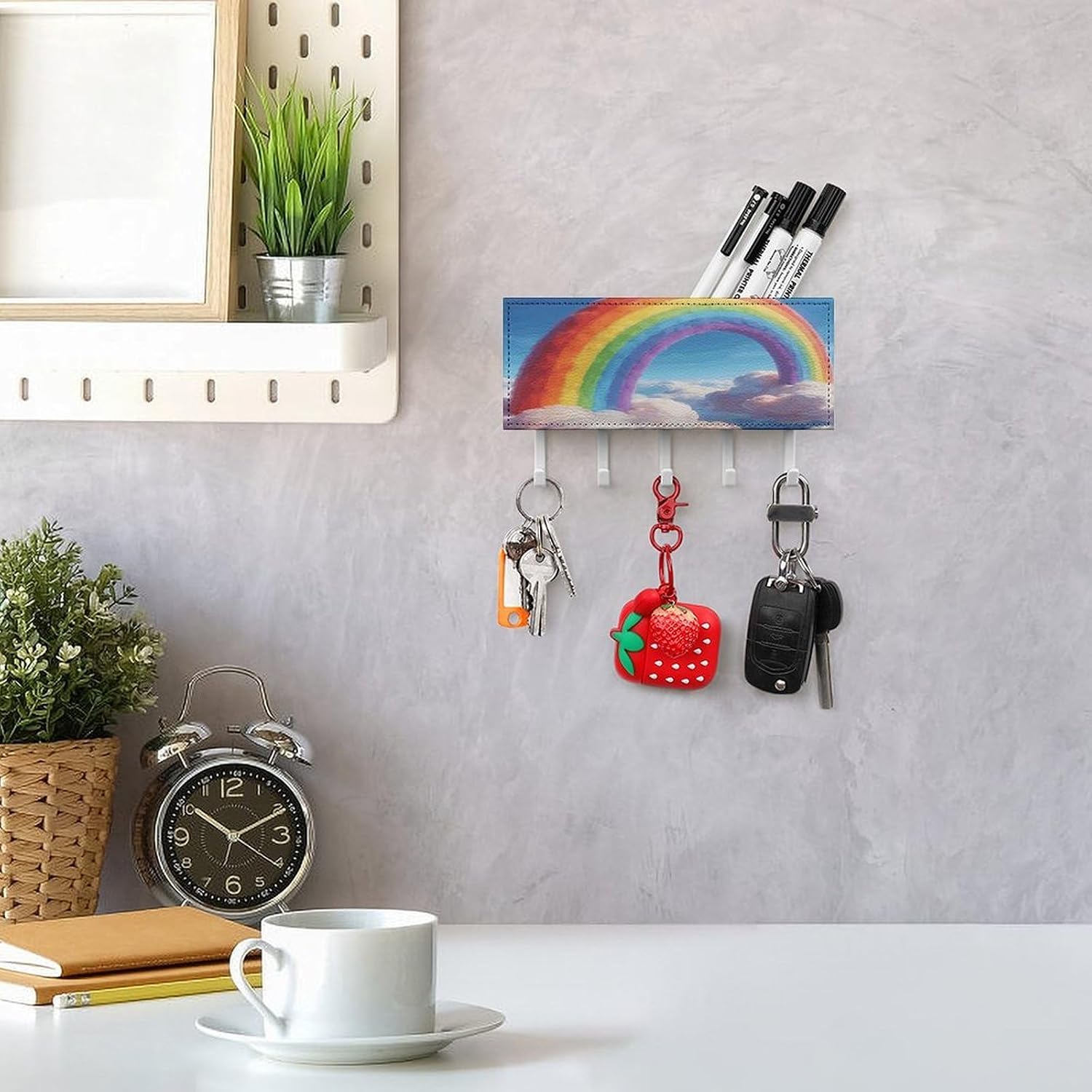 PU Leather Key Holder Wall Mount Key Organizer, Decorative Adhesive Key Rack with 5 Key Hooks, Fashion Rainbow Key Hanger Decor for Entryway Door Bathroom Kitchen Hallway