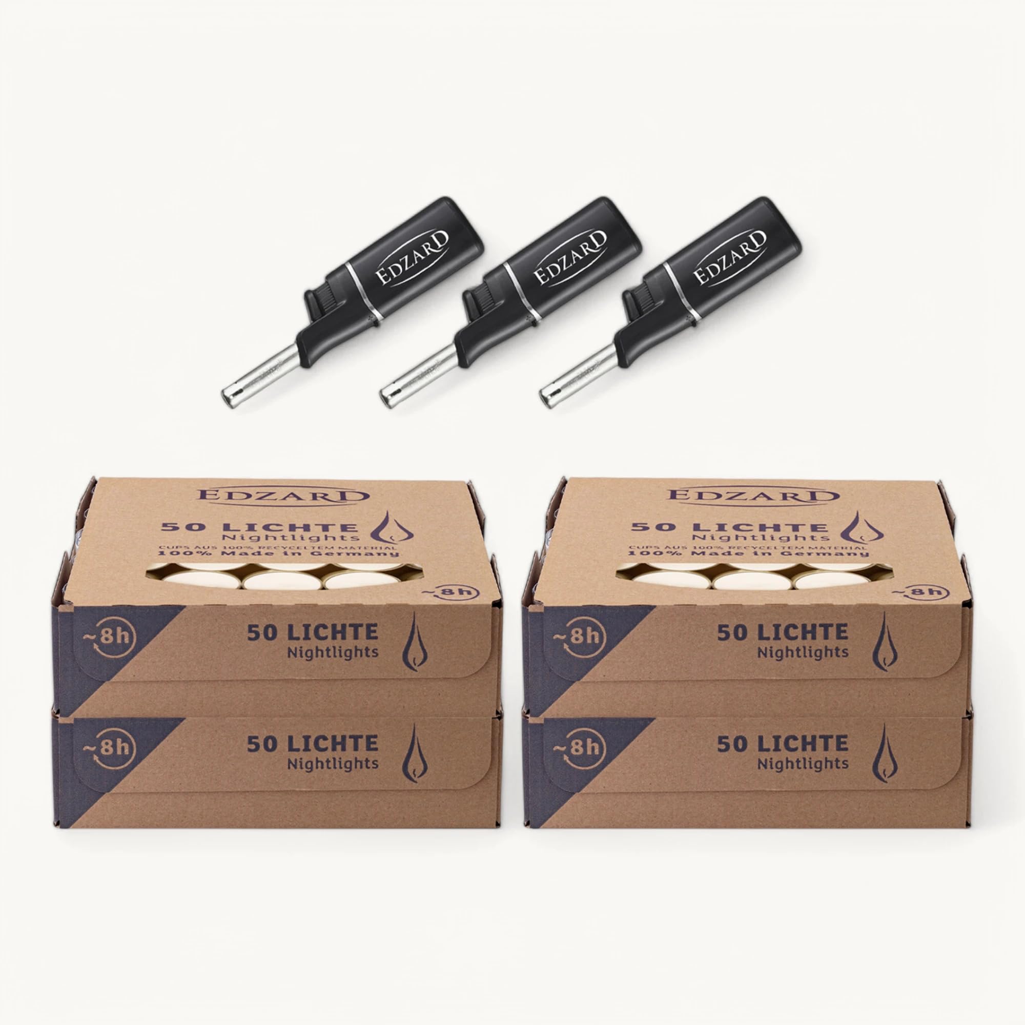 Edzard - Lot de 200 bougies chauffe-plat avec 3 mini briquets (8 heures) en paraffine - Blanc - Dans du verre - Avec allume-feu - Bougies et bougies chauffe-plat