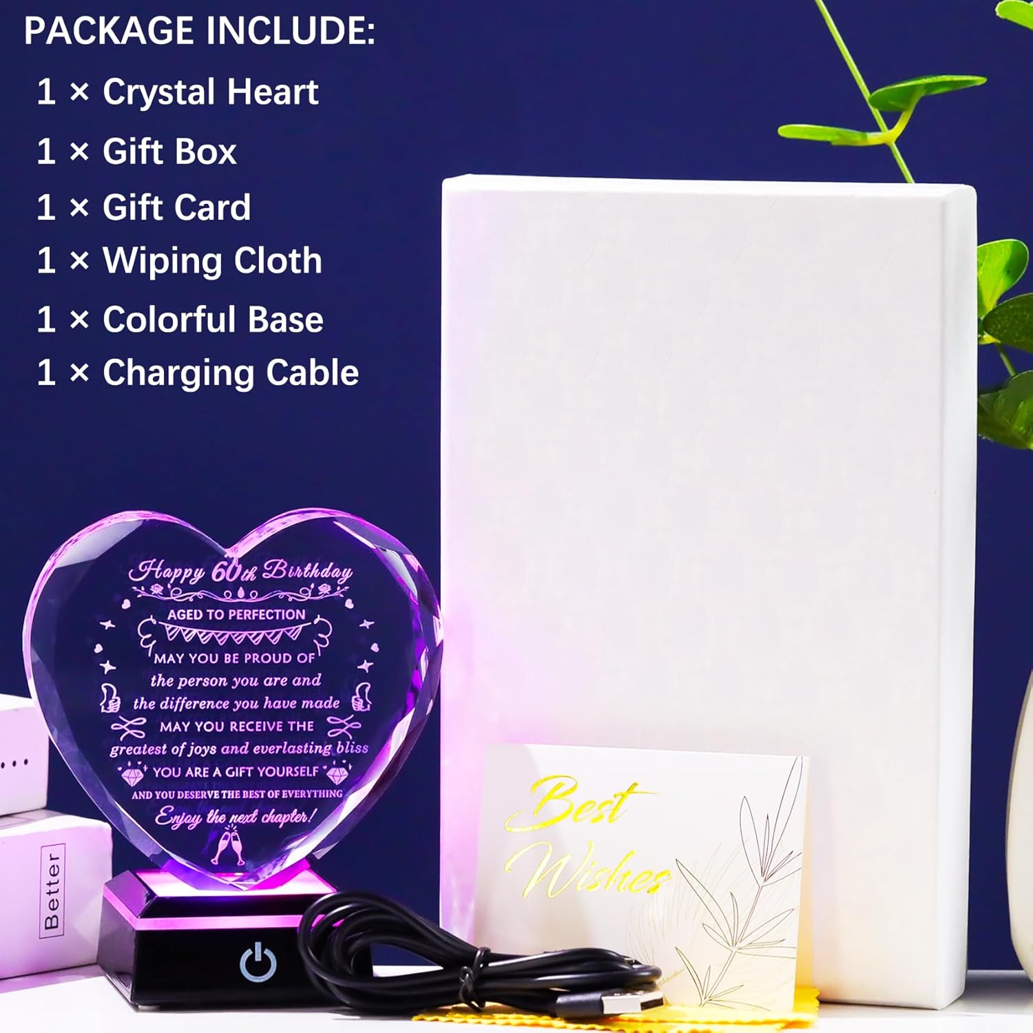 YWHL 60th Birthday Gifts for Women Men with Colorful Base Crystal Heart Happy 60th Birthday Decorations Best Gifts Ideas for 60 Year Old Husband Wife Mom Dad Grandma Grandpa Born in 1965 - Image 6