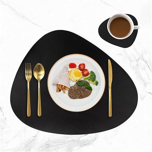 Miniatura 8 de Juego de 6 manteles individuales de piel sintética con posavasos, color negro, juego de 6 manteles individuales resistentes a las manchas de calor,