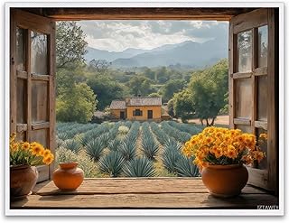 IZTAWEY Open Window To Agave Plantation Wall Art, Faux Window Painting, Rustic Mexican Agave Wall Art for Living Room No Frame 12x16inch