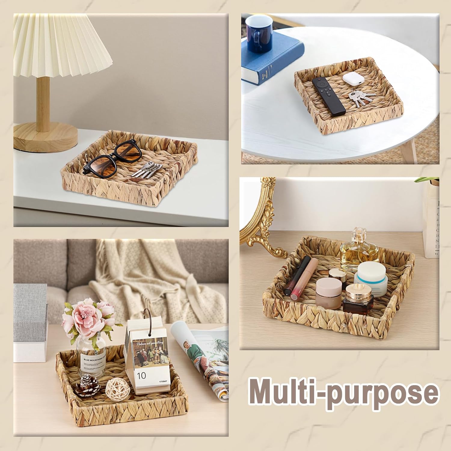 Natural Water Hyacinth Tray Handwoven Wicker Basket Tray for Decoration Square Serving Tray for Coffee Table Living Room Kitchen, 8.5" x 8.5" x 1.6" - Image 4