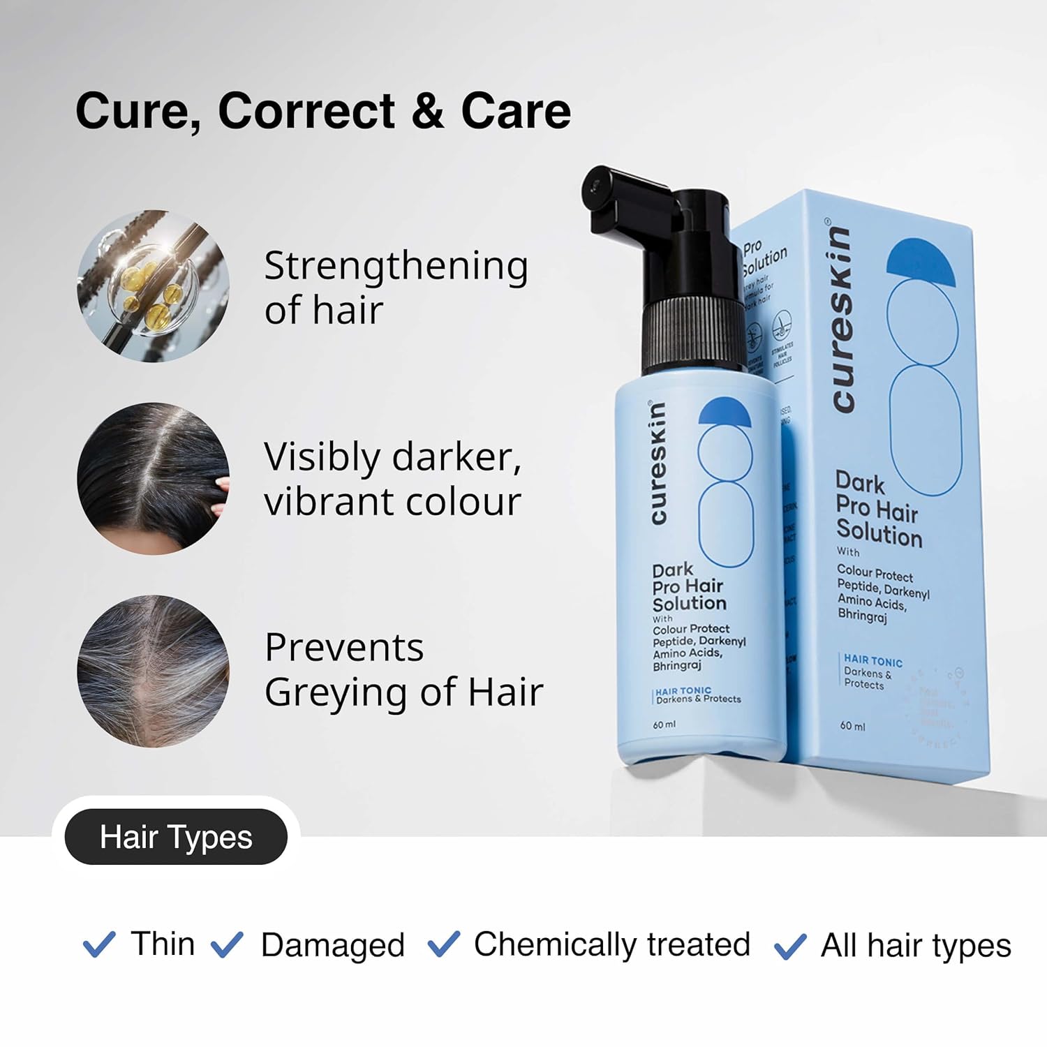 Cureskin Anti Gray Hair Serum | Gradually Reduces Gray Hair on Head & Beard Without Dye | Restores Natural Hair Colour in 4 months with Peptide-52, Acetyl Tyrosine & Larix Extract (1 Month Supply) - Image 4