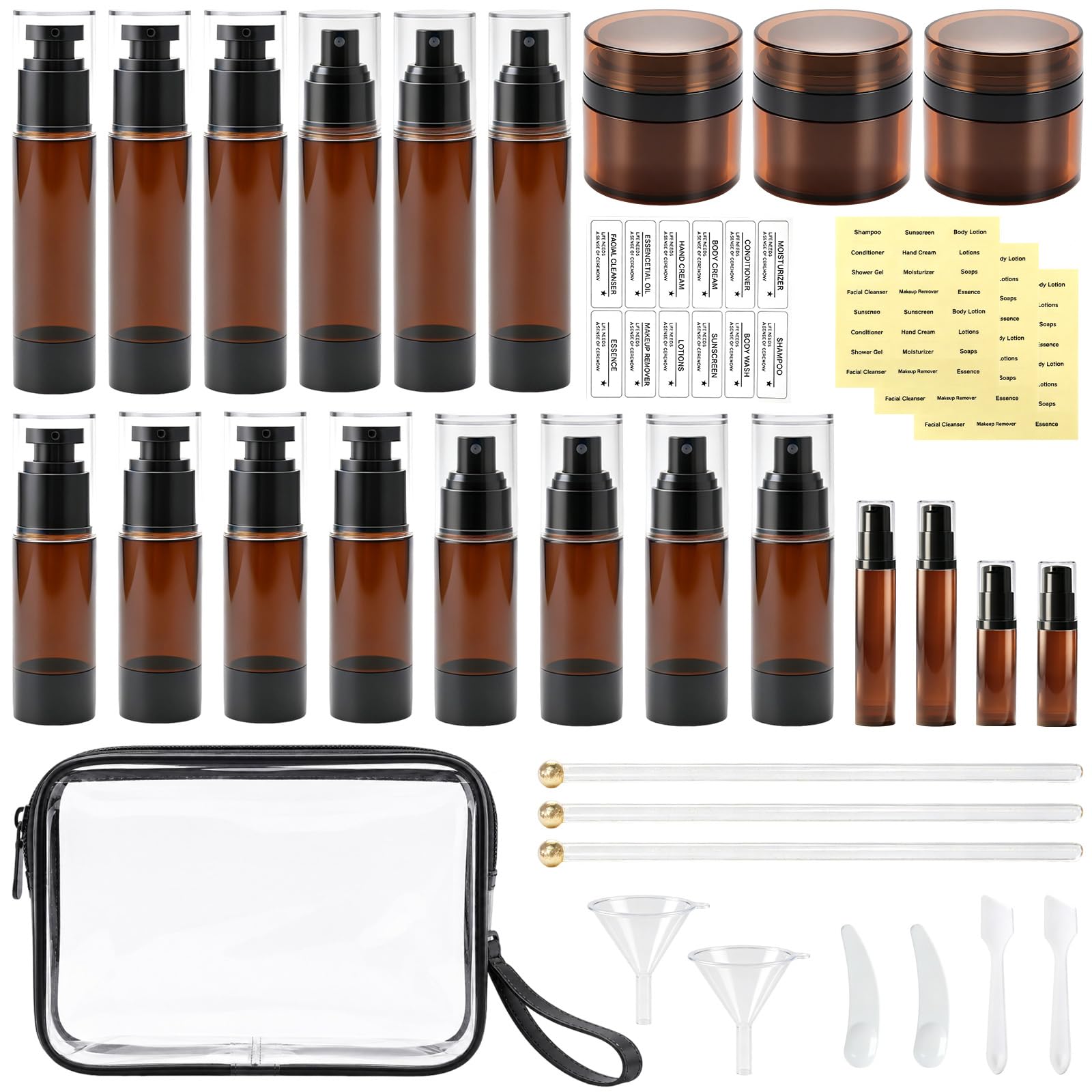 Set di 34 barattoli Airless con pompa, 48,2/28,3/19,8/9,64 g, contenitori ricaricabili da viaggio, a prova di perdite, per prodotti da toeletta per la cura della pelle e creme, lozioni, crema
