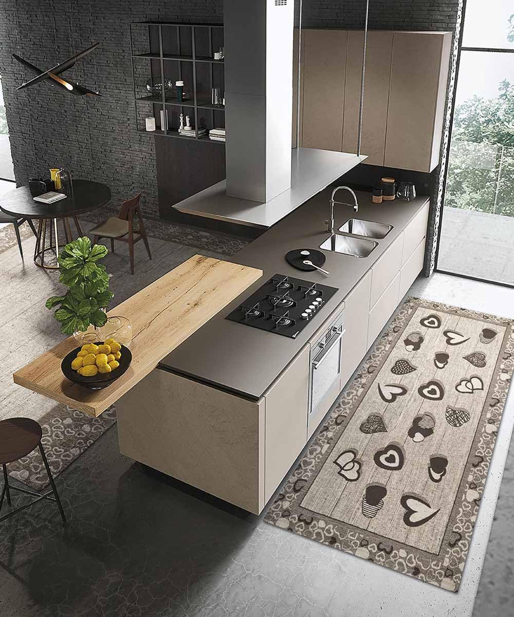 Pierre Tappeti Tappeto LOVELY marrone fango moderno cuori, passatoia cucina multiuso lavabile antiscivolo cm.55x240