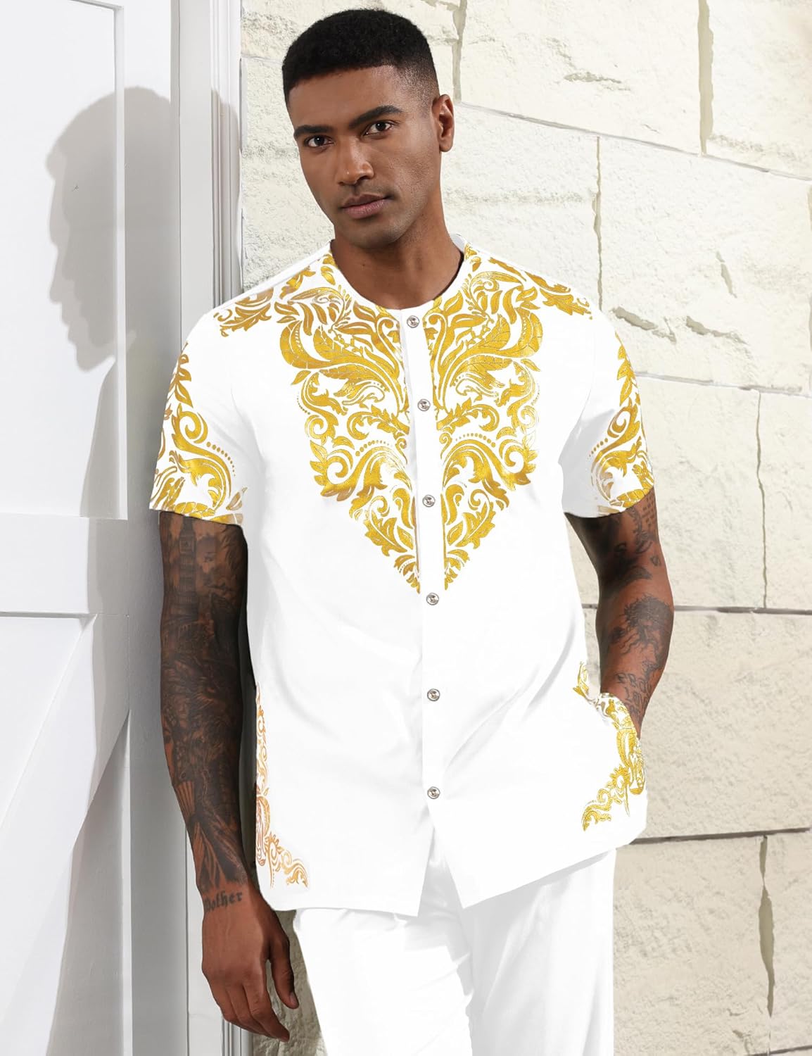 Mens African 2 Piece Set Nigerian Dashiki Metallic Short Sleeve Suit Gold Stamp Printed Shirt and Pants Outfit - Image 2