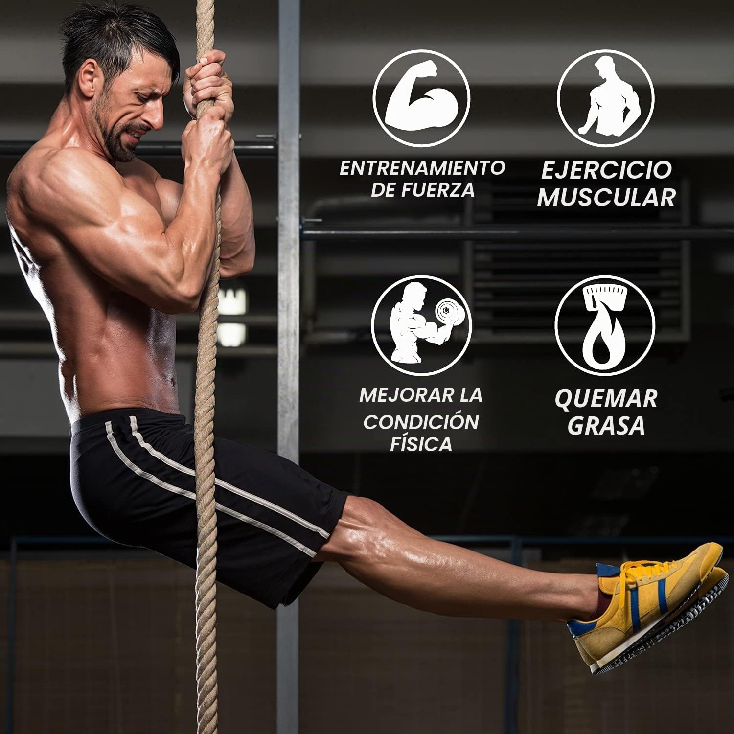 Yes4All Cuerda de escalada de gimnasio con mosquetón de 38 mm de diámetro para fitness y entrenamiento de fuerza, ejercicios de crossfit y entrenamientos en casa, cuerda deportiva de entrenamiento de