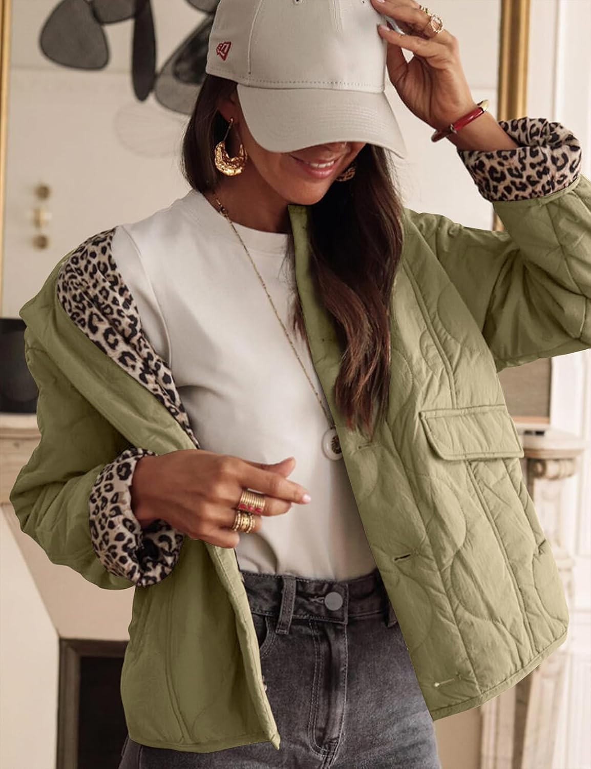 PEHMEA Women's Quilted Lightweight Jackets, Button Down Casual Coat Leopard Lining Bomber Outerwear with Pockets - Image 3