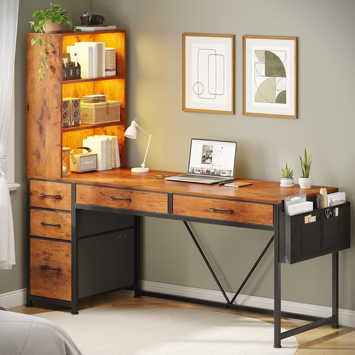 SEDETA Computer Desk with 5 Drawers and Bookshelf, Reversible Home Office Desk with Storage Shelves and File Drawer, Gaming Corner Desk with LED Lights for Small Spaces, Rustic Brown