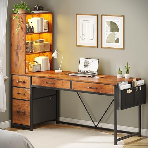 Miniatura 7 de SEDETA Escritorio para computadora con 5 cajones y estantería, escritorio reversible de oficina en casa con estantes de almacenamiento y cajón de