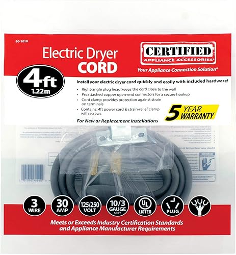 Miniatura 8 de Certified Appliance Accessories Cable de alimentación para electrodomésticos de 30 amperios, cable de secado de 3 puntas, 3 cables con conectores de