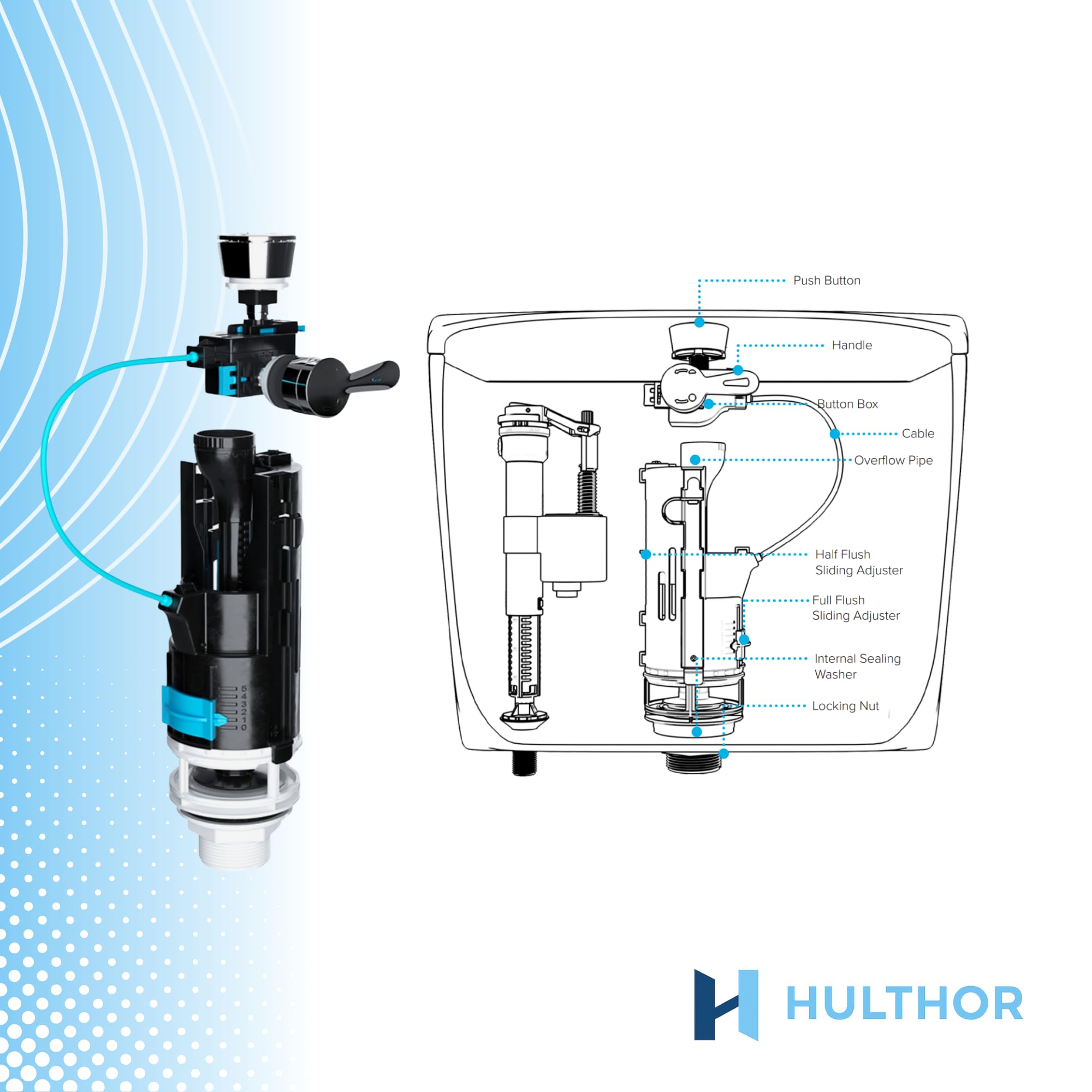 Hulthor Universal Toilet Flush Valve - Dual Flush Cistern Valve with Lever or Push Button Option, Adjustable Toilet Replacement Kit - Image 3