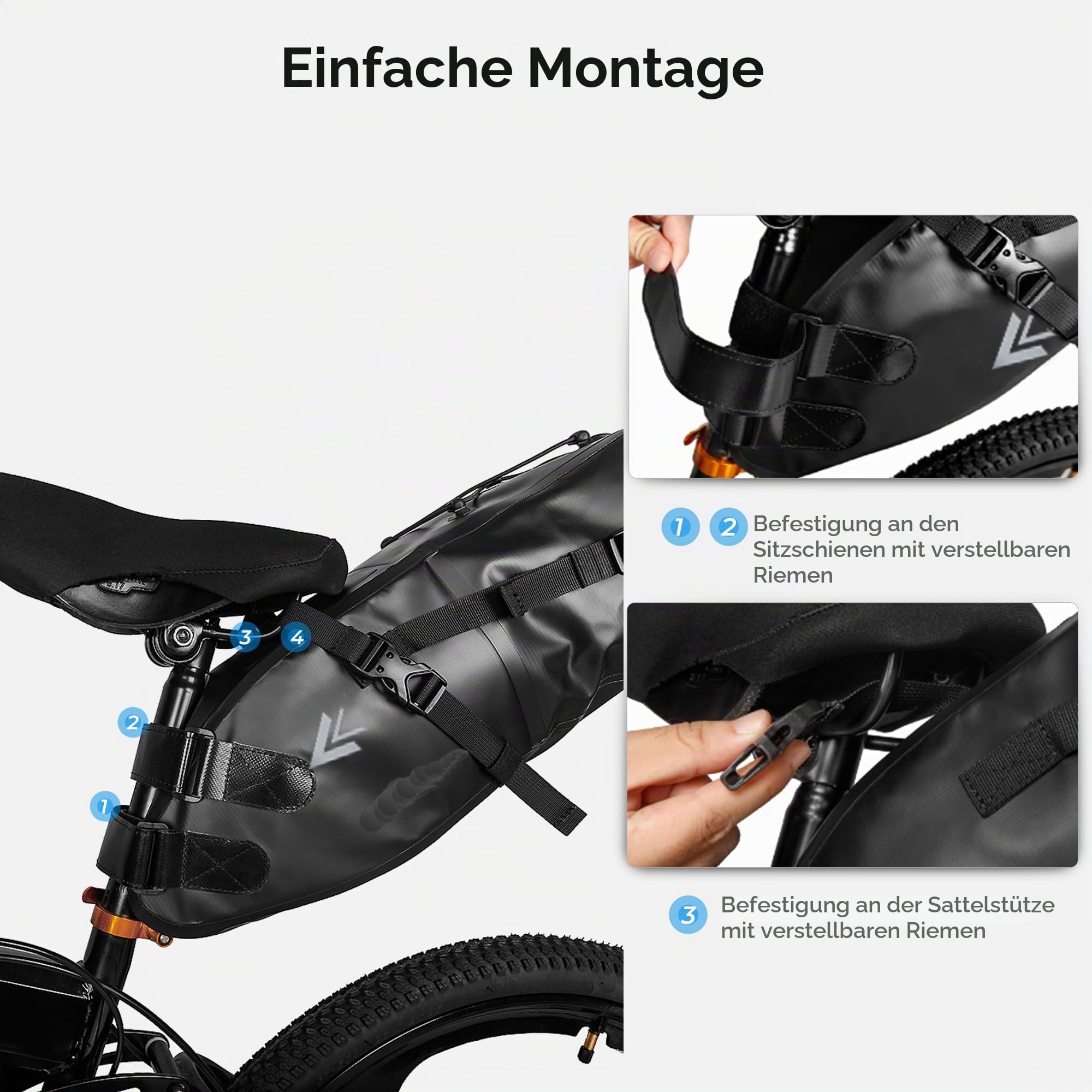 wasserdichte Fahrrad-Satteltasche - 13L Rollverschluss Fahrradsatteltasche Unter Sattel Aufbewahrungstasche für Mountainbike Rennrad Reisen (Schwarz)