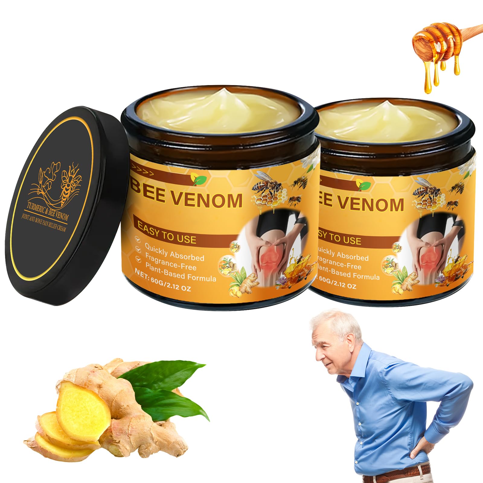 Bee Venom Turmeric Joint Healing Cream, Professional Bee Venom Turmeric Joint and Relief Cream, Bee Venom Joint Relief Gel Specially for Back, Neck, Hands, Knees (2 Pack)