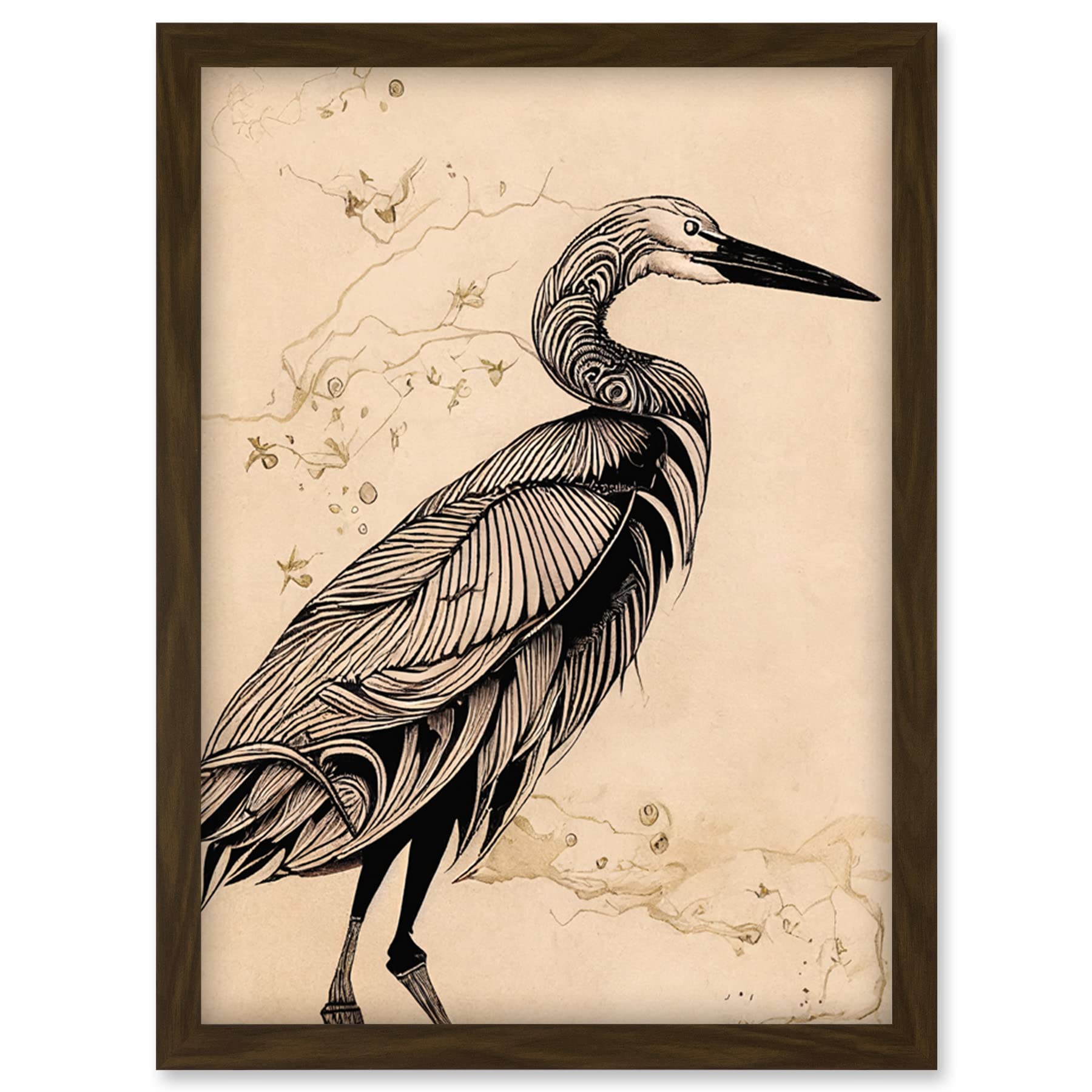Doppelganger33 LTD Heron Bird Simple Ink Illustration Artwork Framed Wall Art Print A4