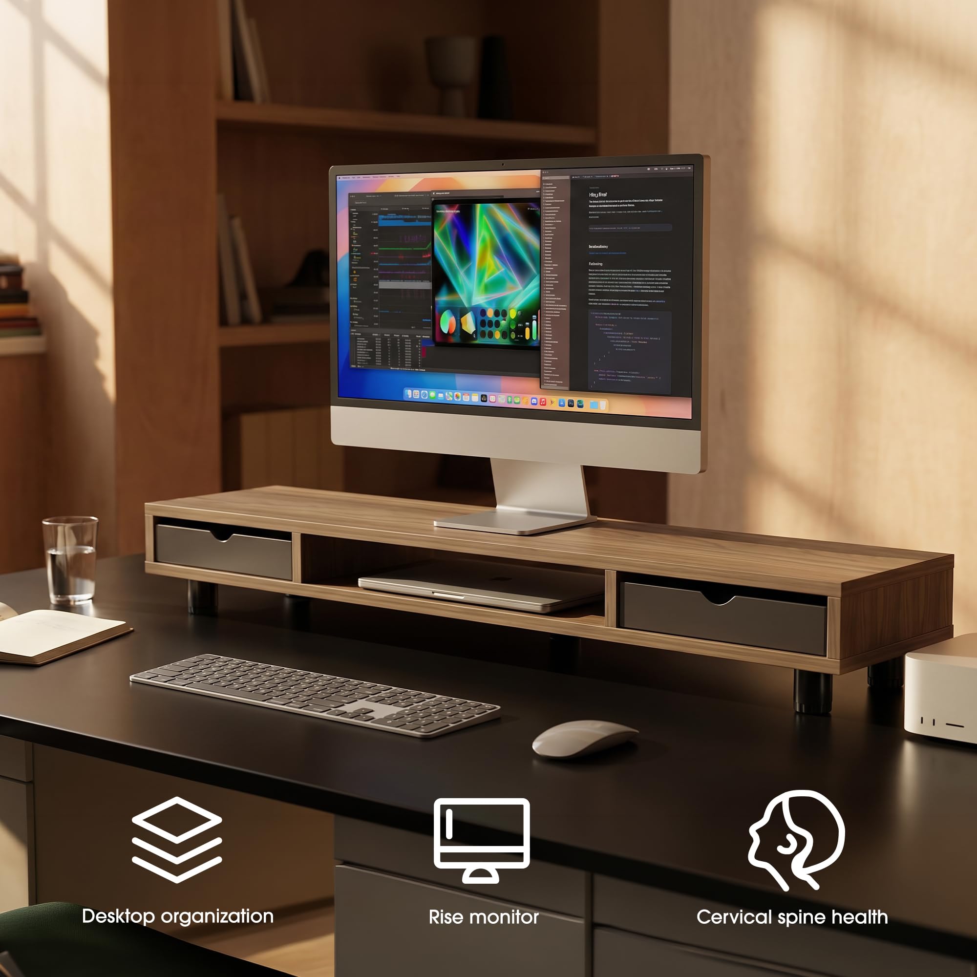 Fenge Monitorständer mit 2 PC Schublade,Höhenverstellbarer,108cm,Braun