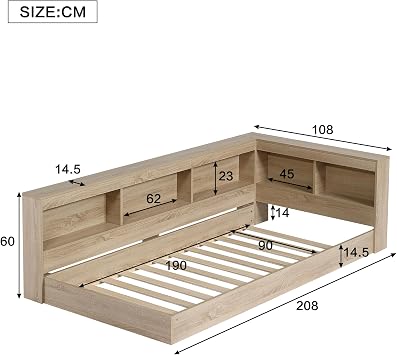 Miyemo Single Bed Frame, 3ft Storage Bed for Adults & Teenagers, Platform Bed with Storage Compartments and Slats, MDF+Plywood, 90 * 190cm, White Oak, (No Mattress)