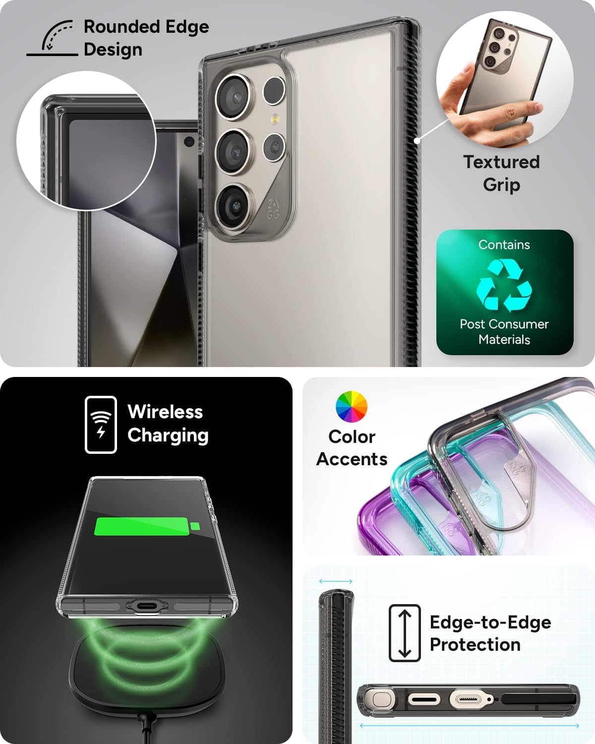 ZAGG Santa Cruz Samsung Galaxy S24 Ultra Case - Ultra Slim, Clear Case with Color Accents, Graphene-Strengthened, Drop-Resistant, Black