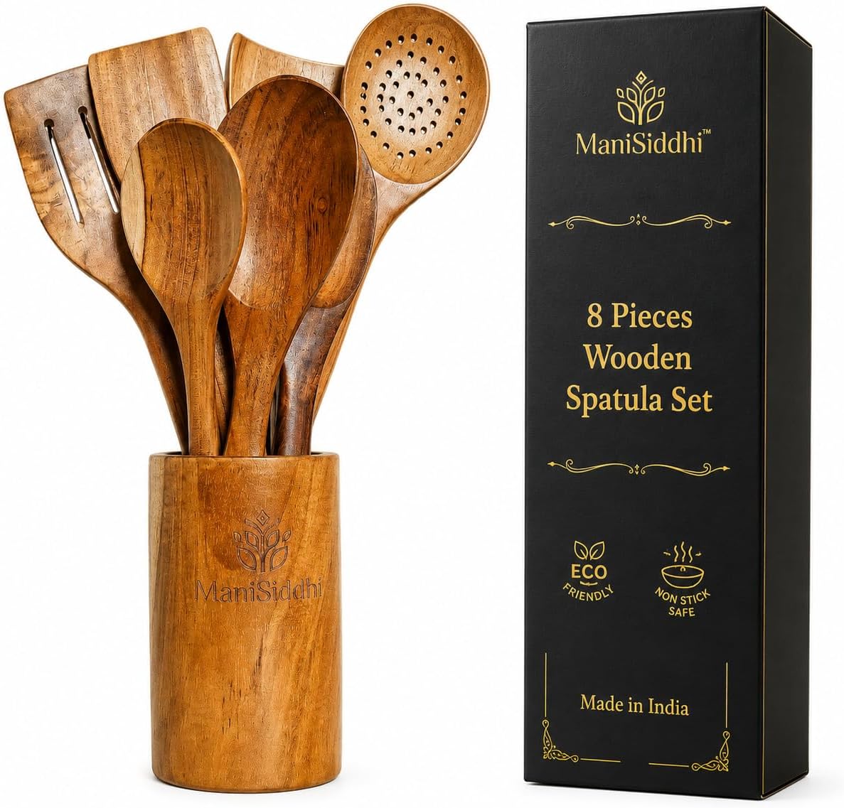 Teak Wood Cooking Utensil Set 8 Piece, Home essentials cookware set,Kitchen Utensils with Holder Wooden Spoons & Spatula for Cooking Nonstick Cookware,Safe, Non Toxic, Handcrafted