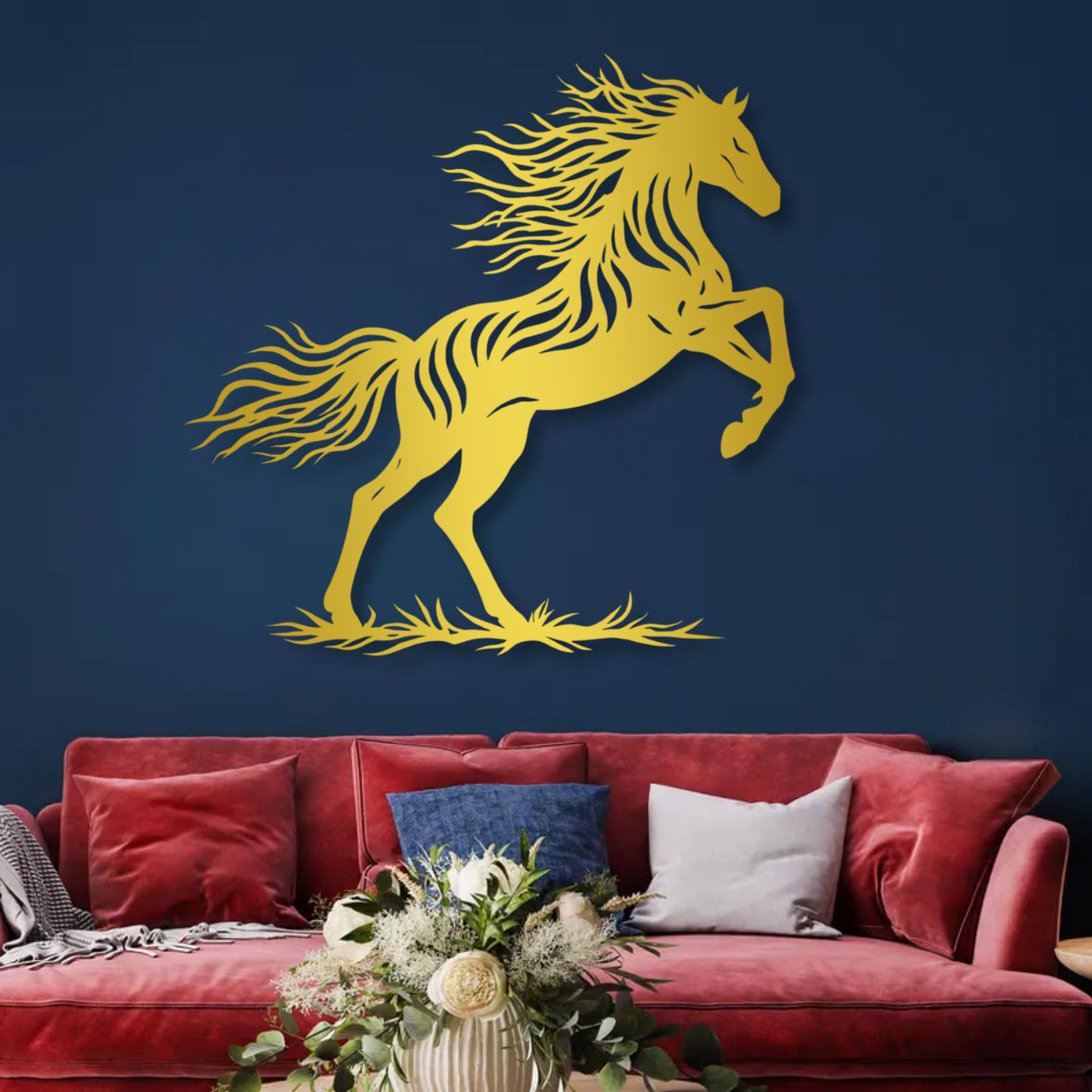 Schwarzes Metallpferd als Wandbild für Wildtiere, Wanddekoration im Landhausstil, Wanddeko für Schlafzimmer, Wohnzimmer, Flur und Treppenhaus, Natur-Wohndeko (Schwarz, 35" × 3")