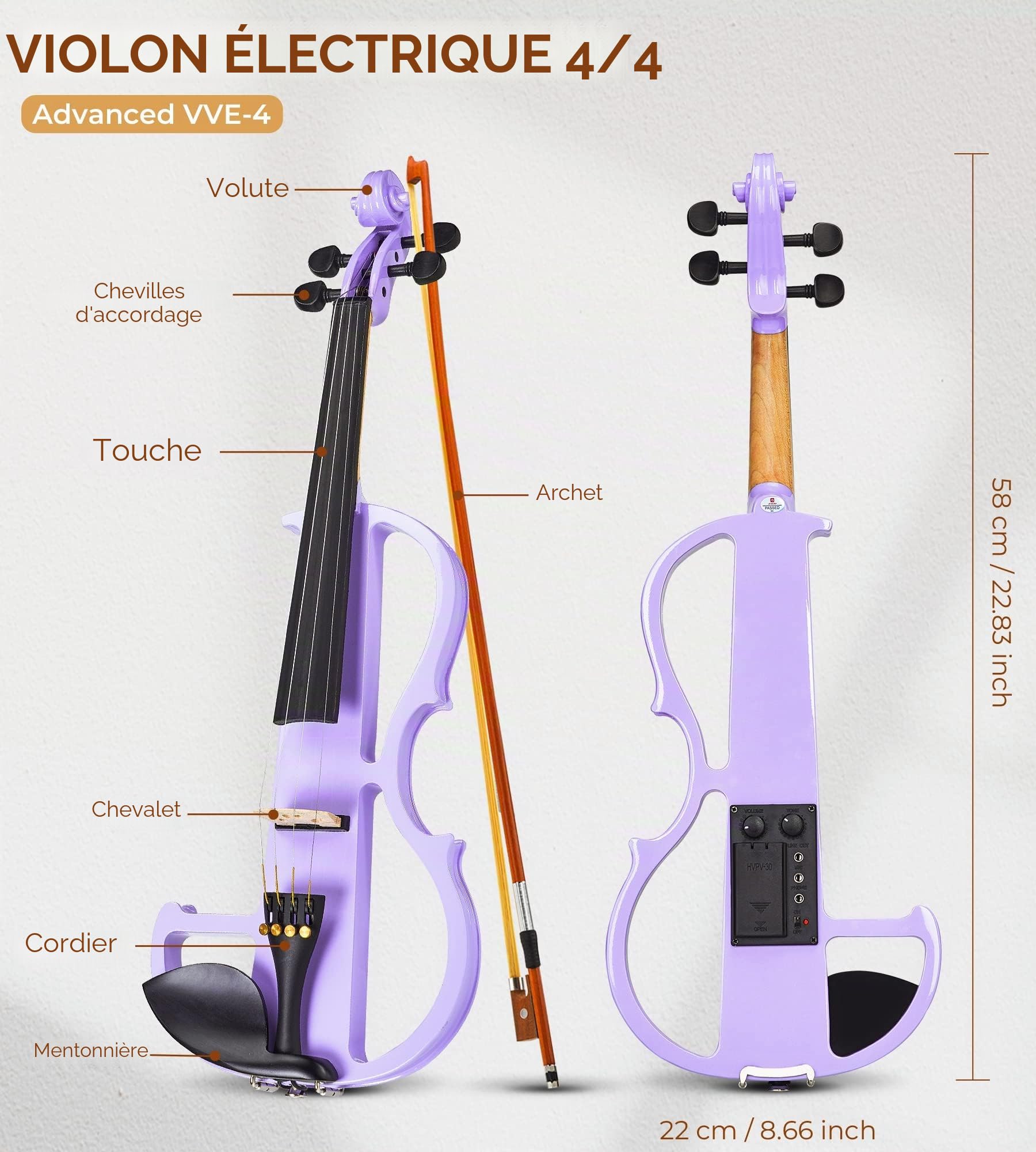 Vangoa Violon Électrique 4/4 Silencieux Taille Réelle pour Débutants Étudiants Adultes Adolescents avec Kit de Démarrage Violet