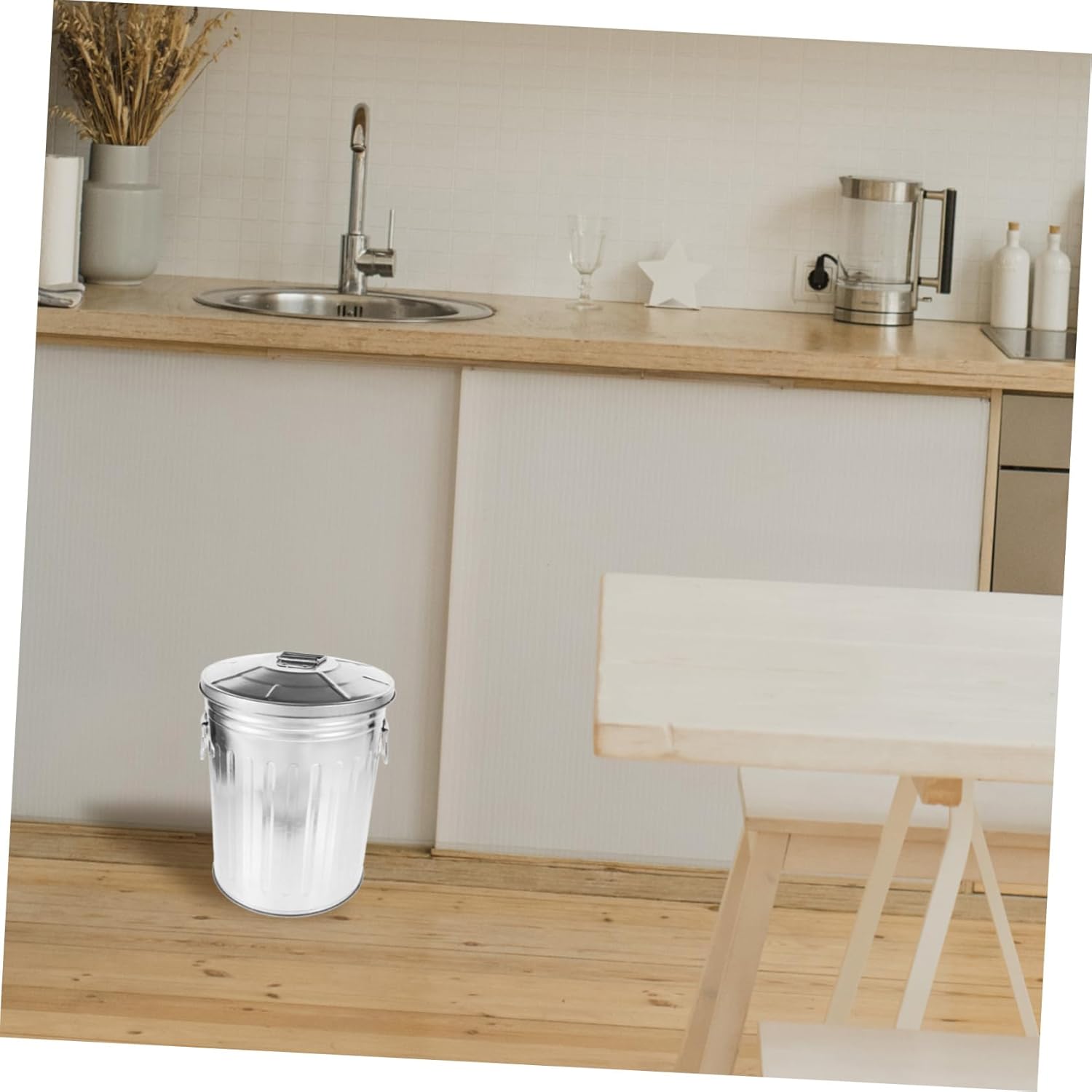 Healifty Metal Wastebasket Round Recycling Can Corrosion Resistant Outdoor Garbage Bin with Lid for Kitchen Bathroom Bedroom and Living Household Use