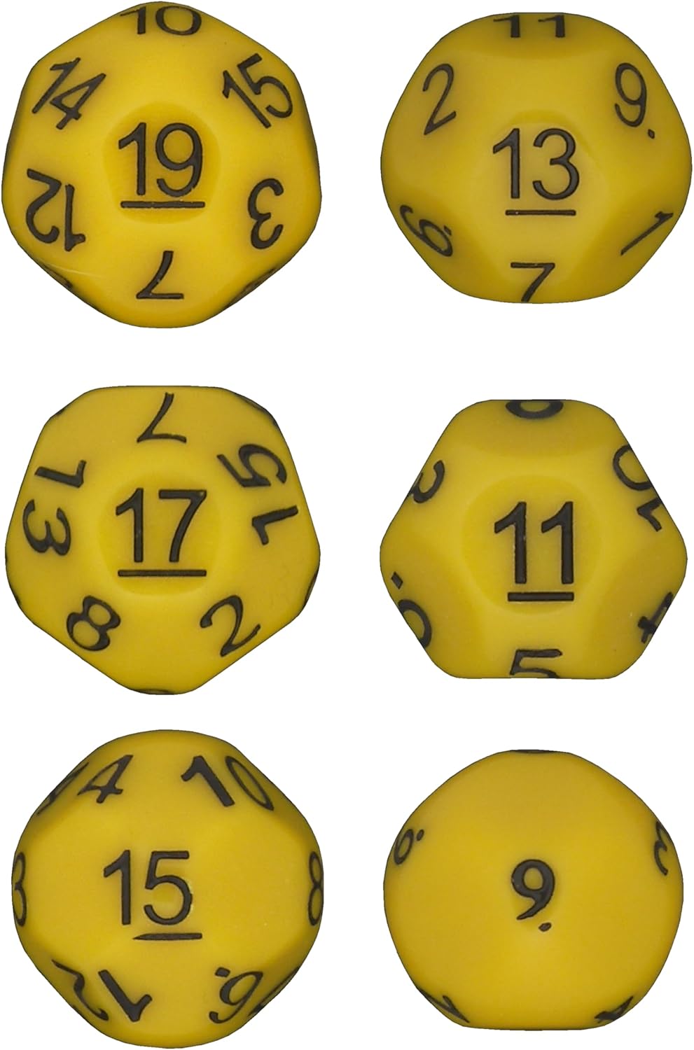 Impact! Miniatures - Yellow - Set of 6 Unusual Odd Sided dice - D9, D11, D13, D15, D17 & D19 - Cursed Dice