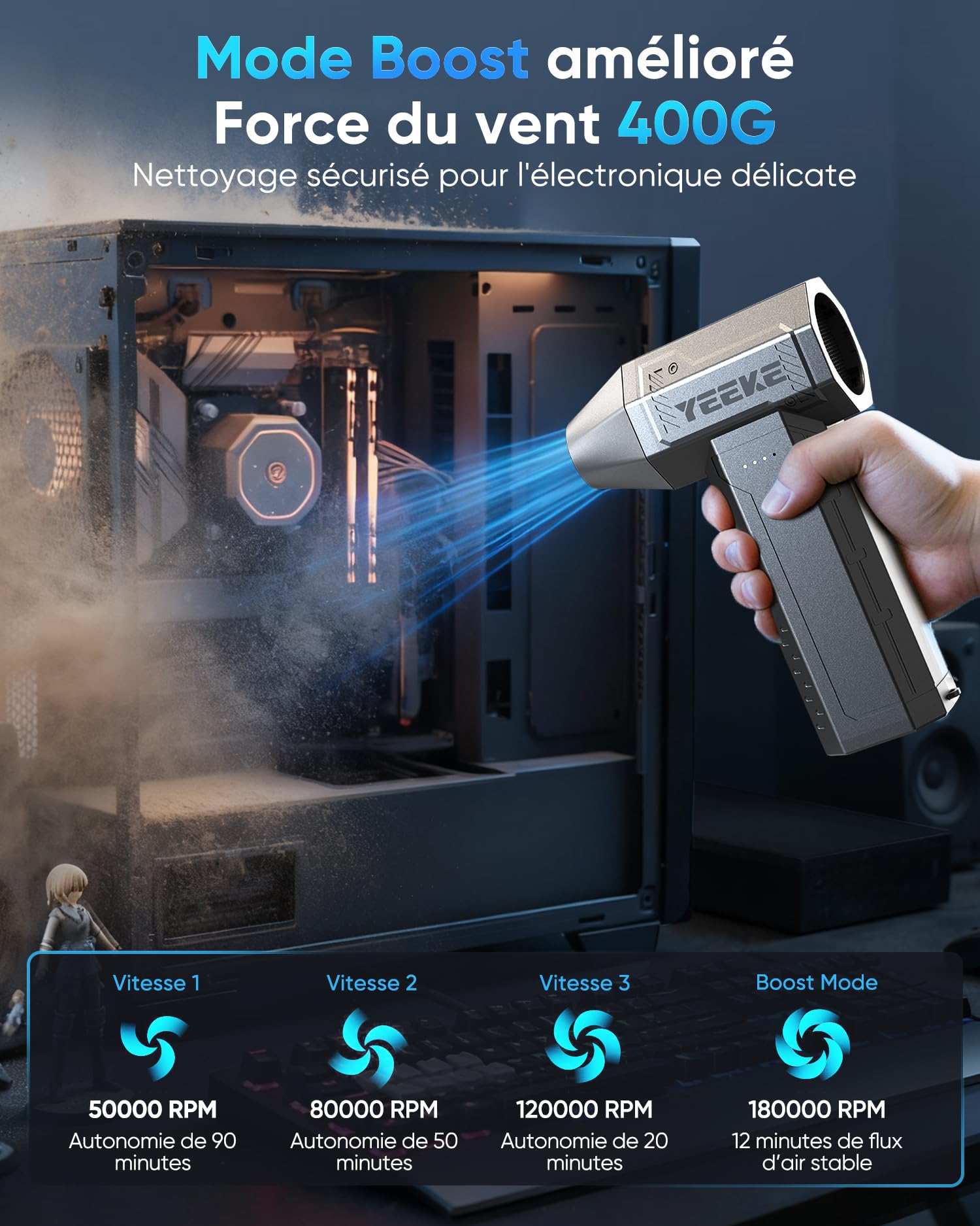 Souffleur Air Comprimé, Souffleur PC 180000 RPM, Mini Souffleur Puissant 10000 mAh avec Charge Rapide | Moteur Sans Balais | LED Fonctionnelle, Idéal pour Nettoyage PC Gamer | Clavier | Voiture