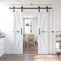 Vista 8 de EaseLife Puerta de granero de 36 x 84 pulgadas (puerta doble de 18 x 84 pulgadas) con herrajes para puerta corredera de 6.6 pies y asa incluidos